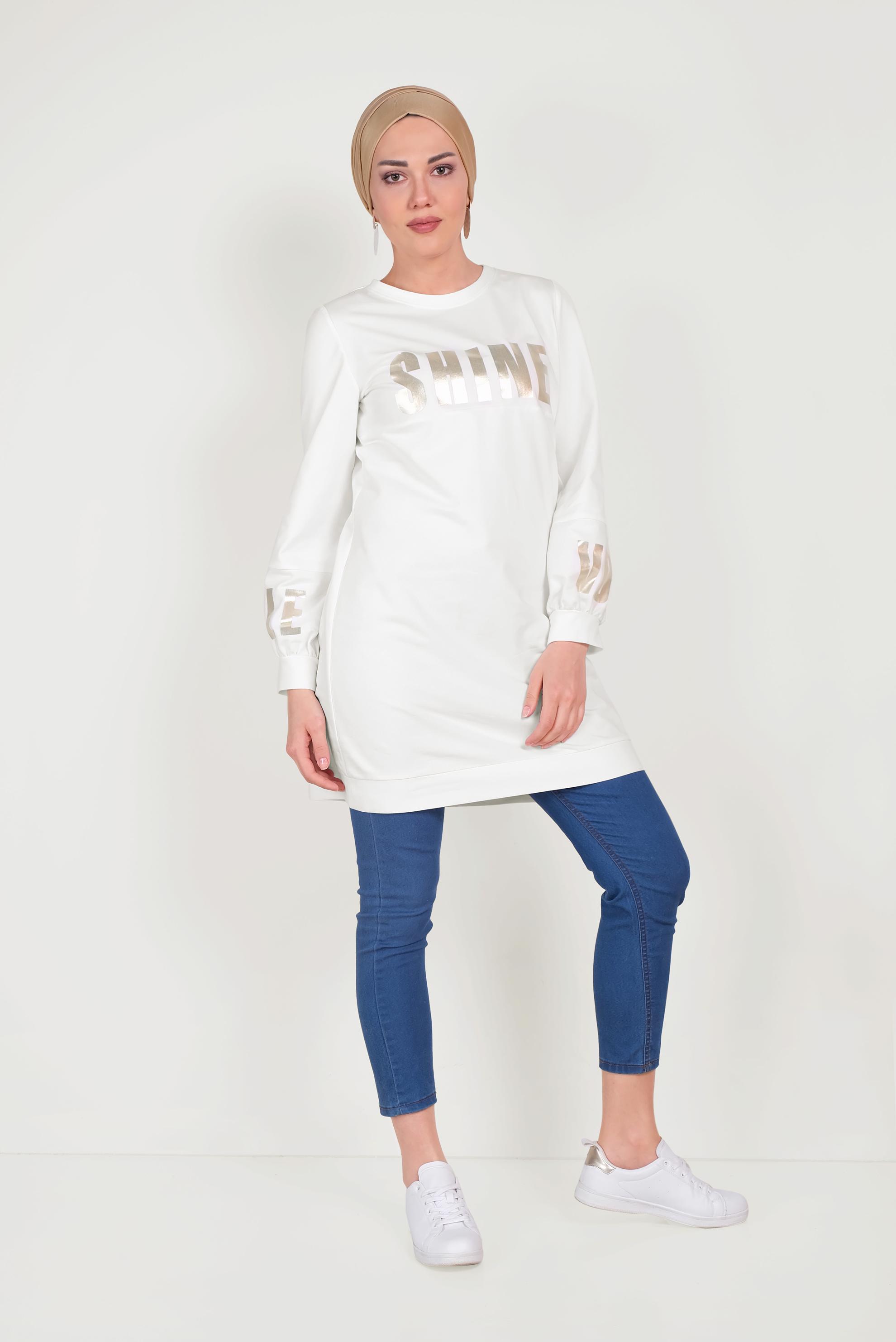 Tesettür giyim BEYAZ PAMUKLU MANŞETLERİ LASTİKLİ BASKILI EŞOFMAN TUNİK 40656 