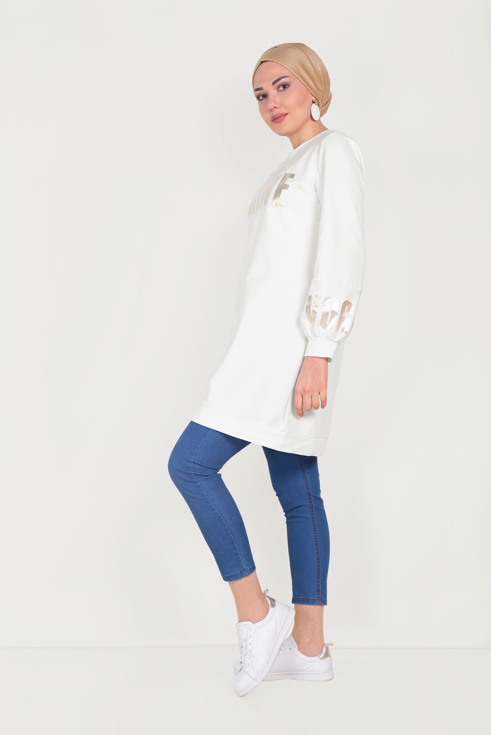 Tesettür giyim BEYAZ PAMUKLU MANŞETLERİ LASTİKLİ BASKILI EŞOFMAN TUNİK 40656 