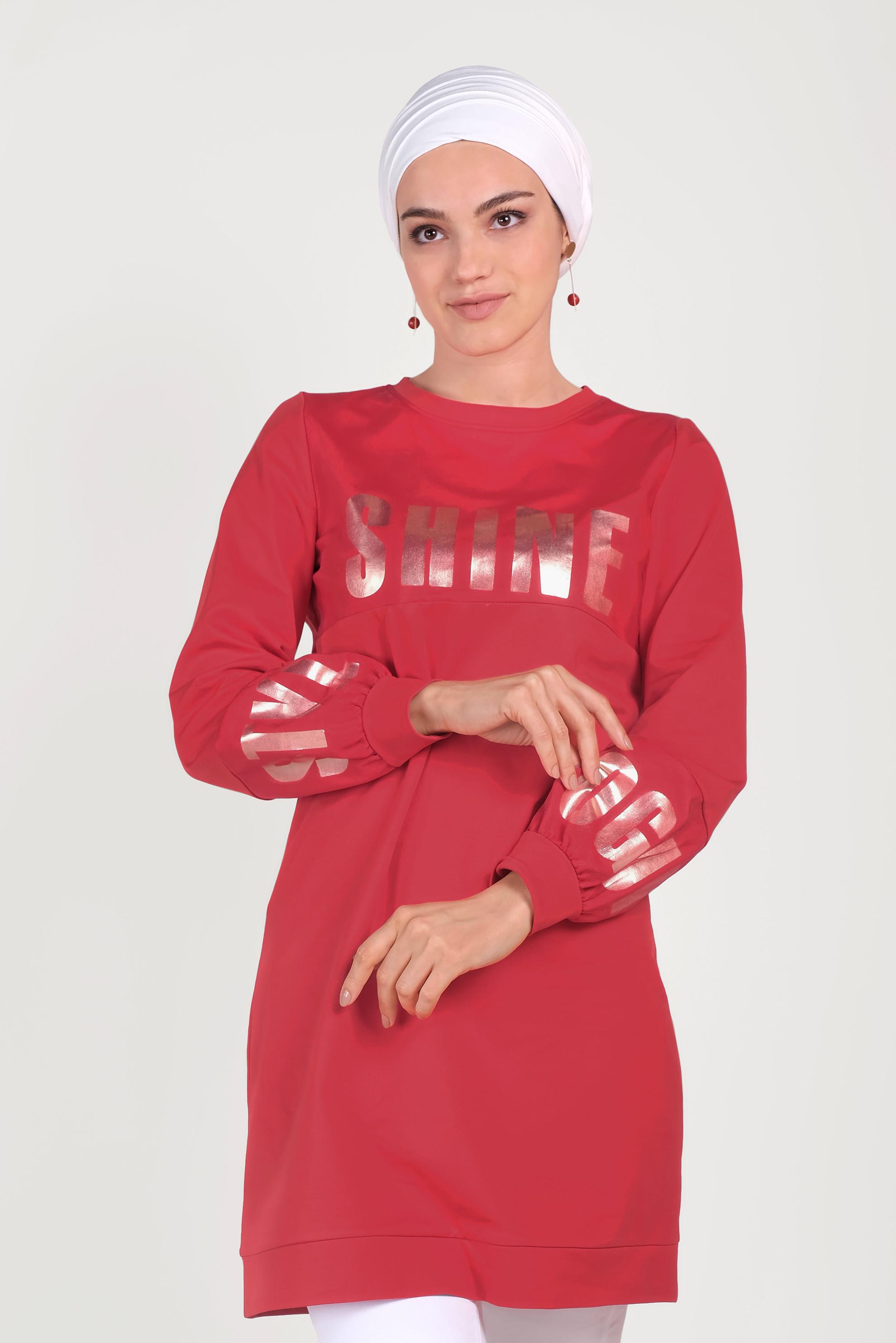 Tesettür giyim KIRMIZI PAMUKLU MANŞETLERİ LASTİKLİ BASKILI EŞOFMAN TUNİK 40656 