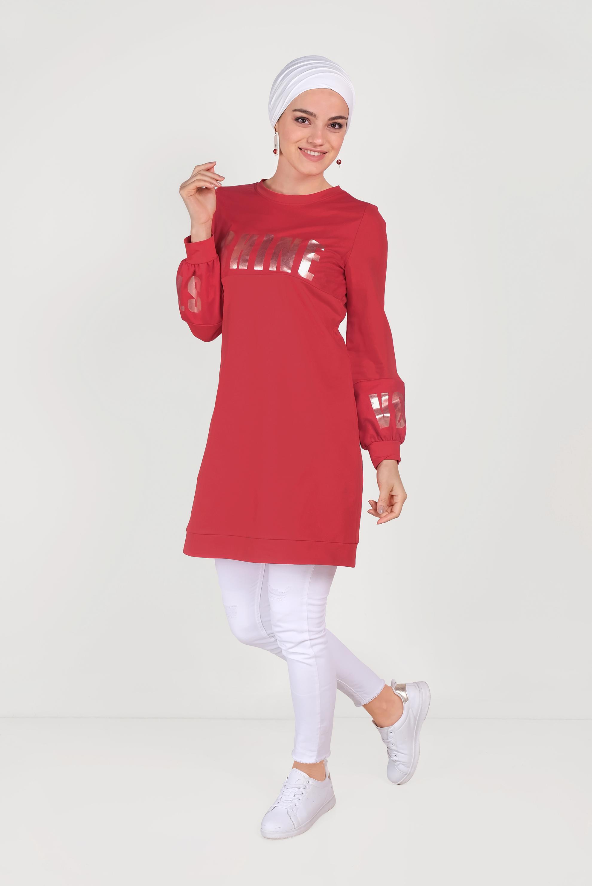 Tesettür giyim KIRMIZI PAMUKLU MANŞETLERİ LASTİKLİ BASKILI EŞOFMAN TUNİK 40656 