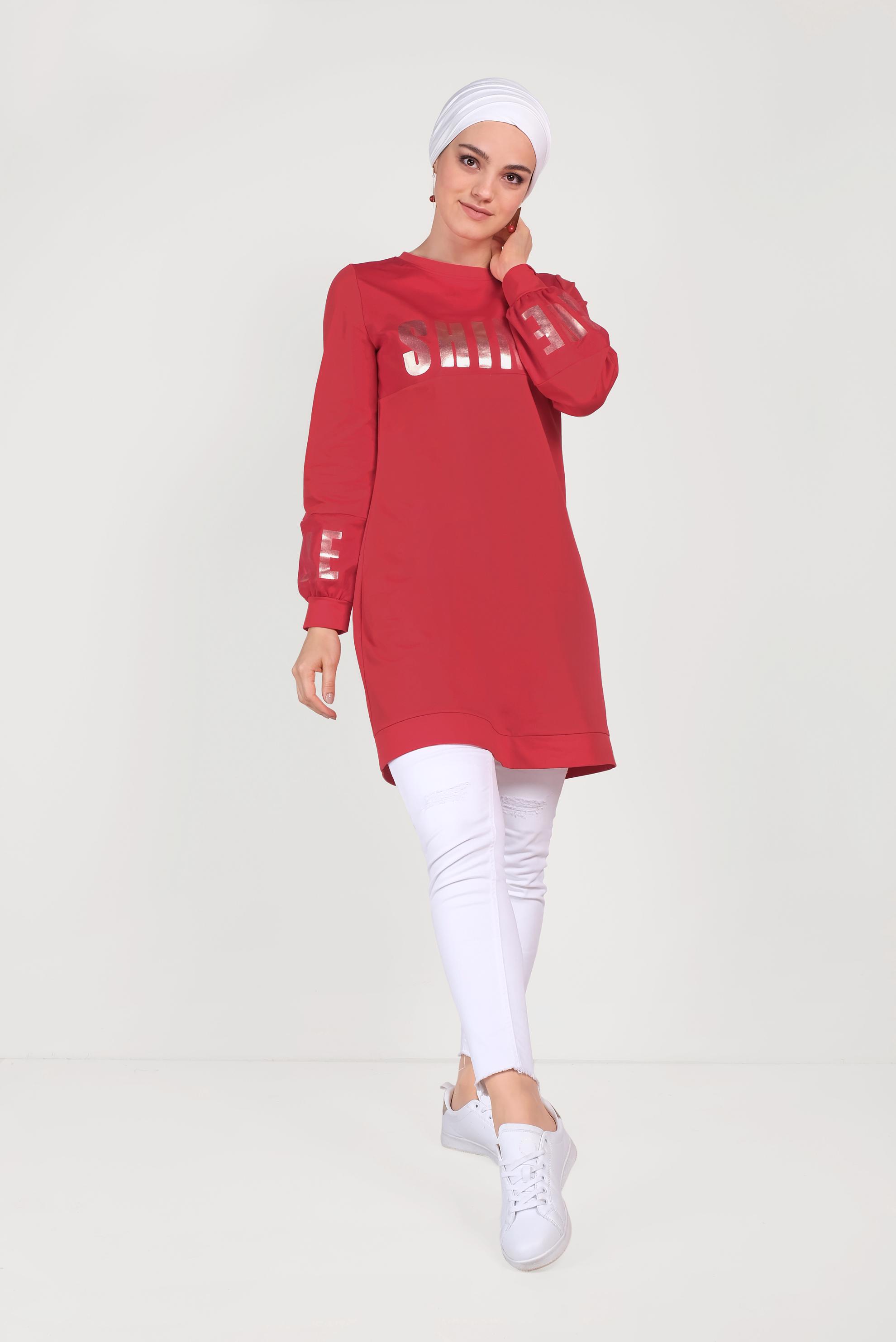 Tesettür giyim KIRMIZI PAMUKLU MANŞETLERİ LASTİKLİ BASKILI EŞOFMAN TUNİK 40656 