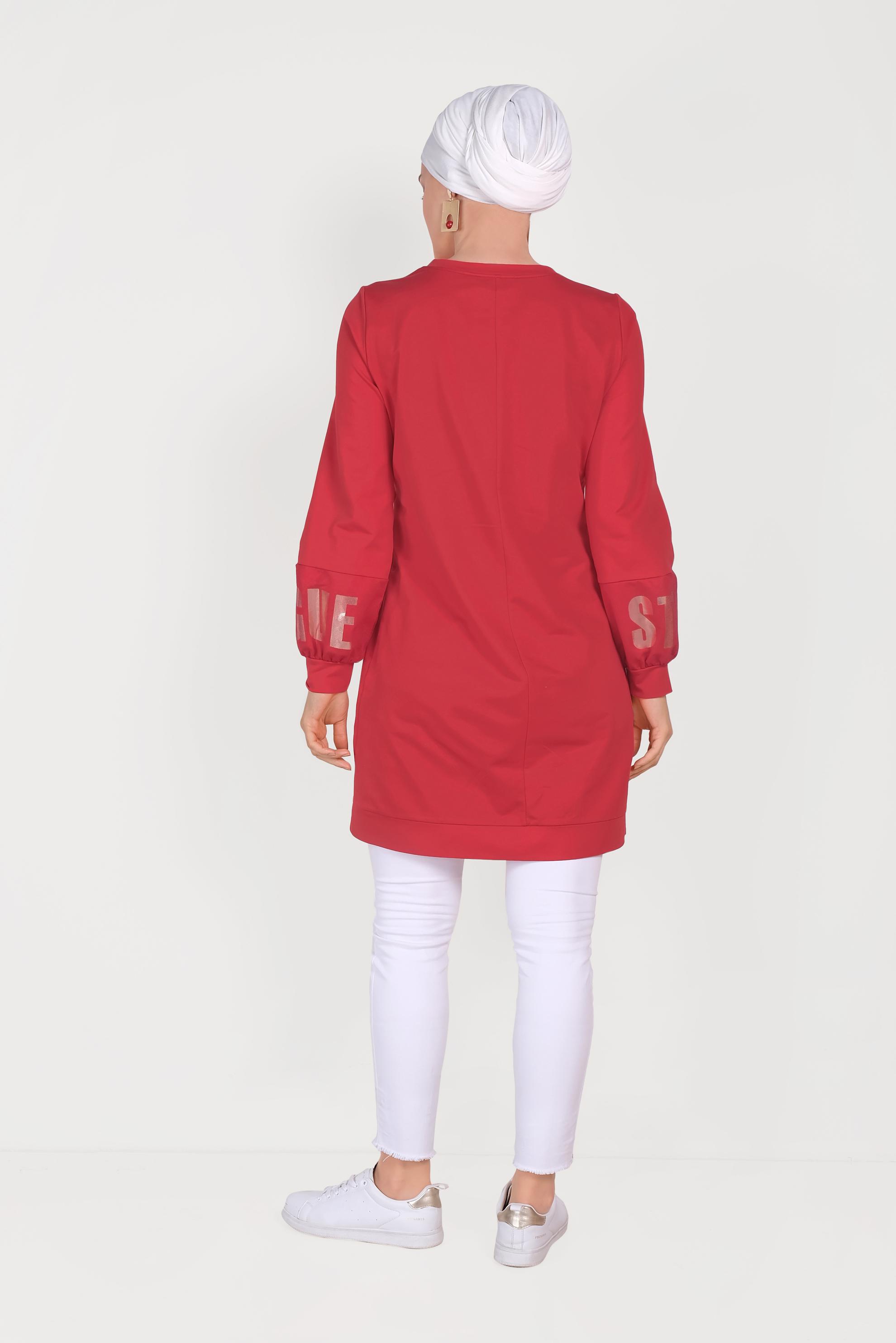 Tesettür giyim KIRMIZI PAMUKLU MANŞETLERİ LASTİKLİ BASKILI EŞOFMAN TUNİK 40656 