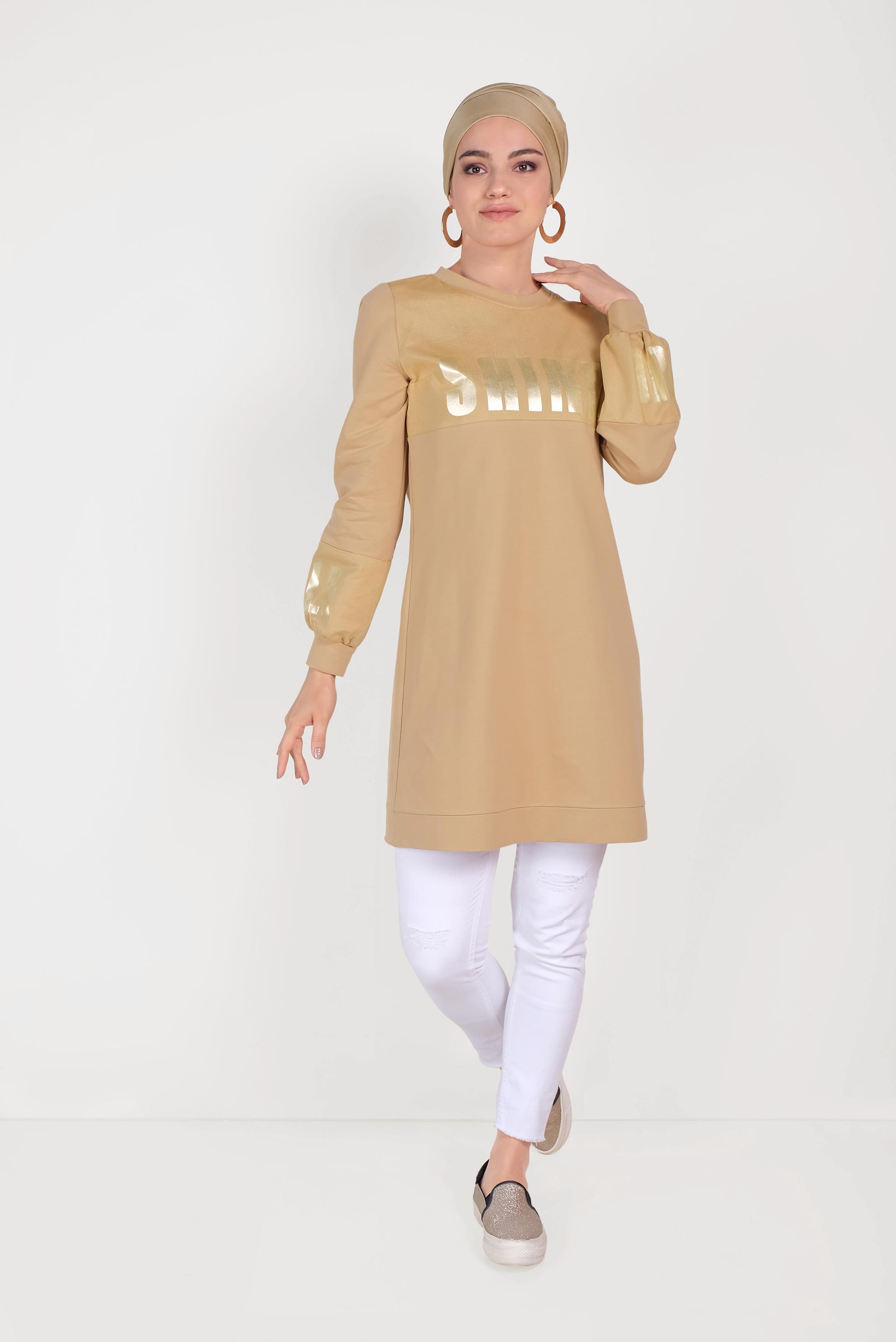 Tesettür giyim KAHVE PAMUKLU MANŞETLERİ LASTİKLİ BASKILI EŞOFMAN TUNİK 40656 