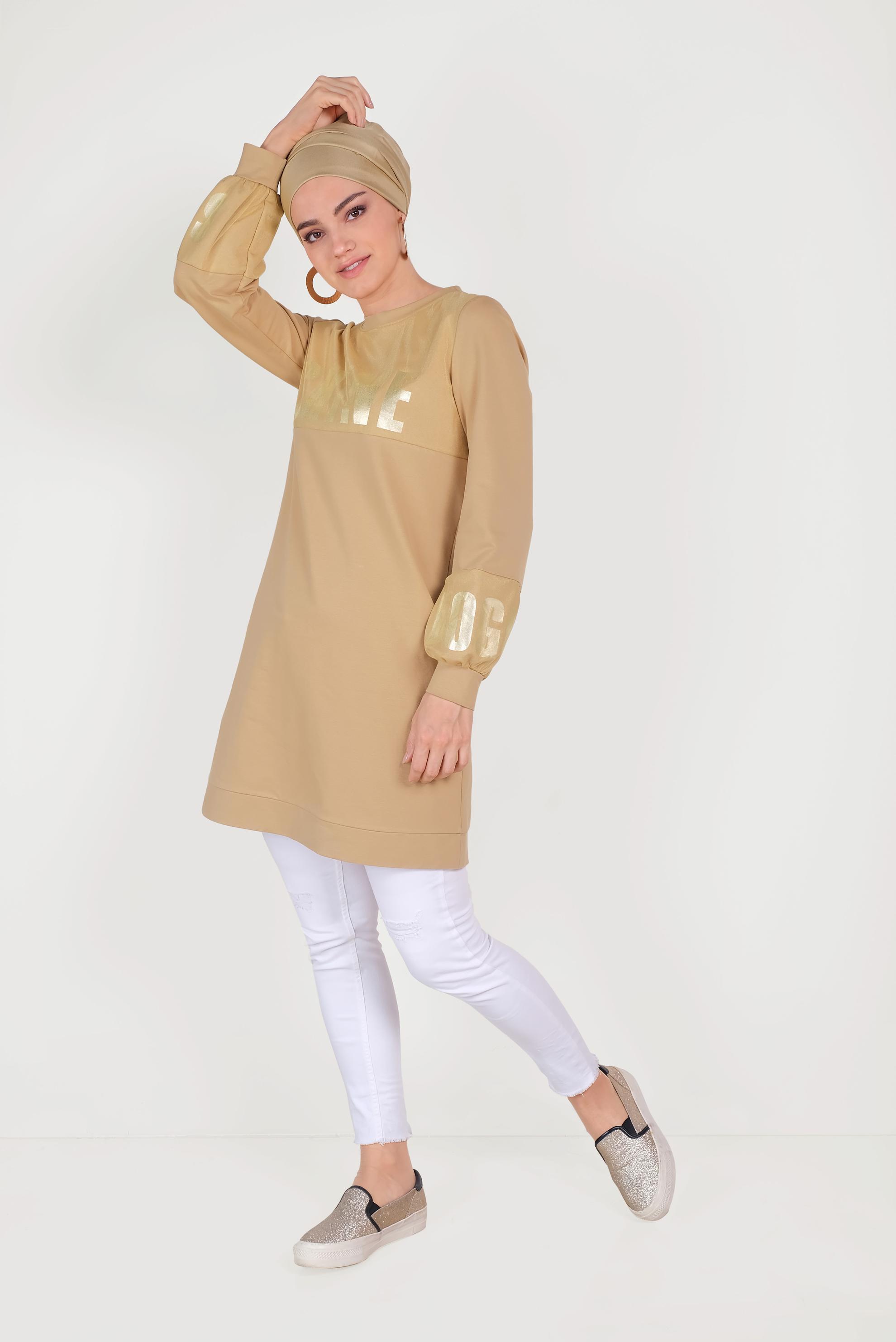 Tesettür giyim KAHVE PAMUKLU MANŞETLERİ LASTİKLİ BASKILI EŞOFMAN TUNİK 40656 