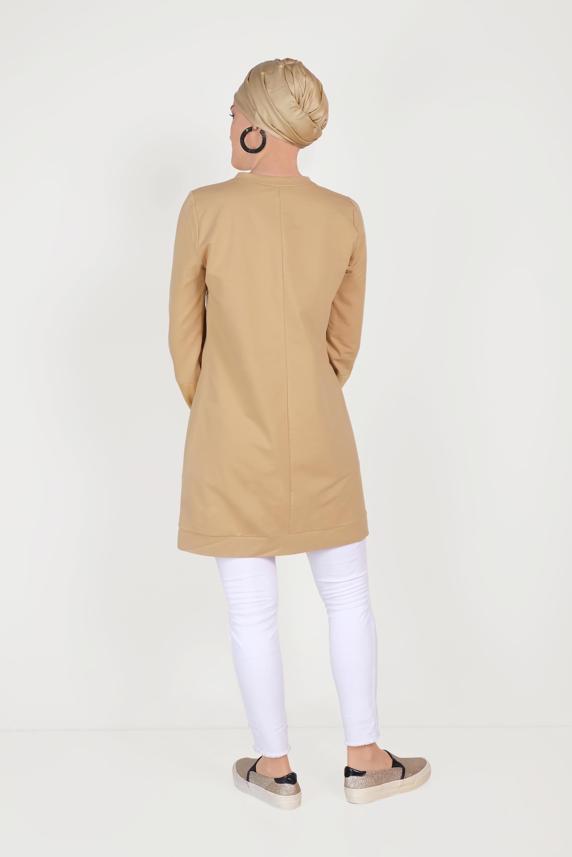 Tesettür giyim KAHVE PAMUKLU MANŞETLERİ LASTİKLİ BASKILI EŞOFMAN TUNİK 40656 