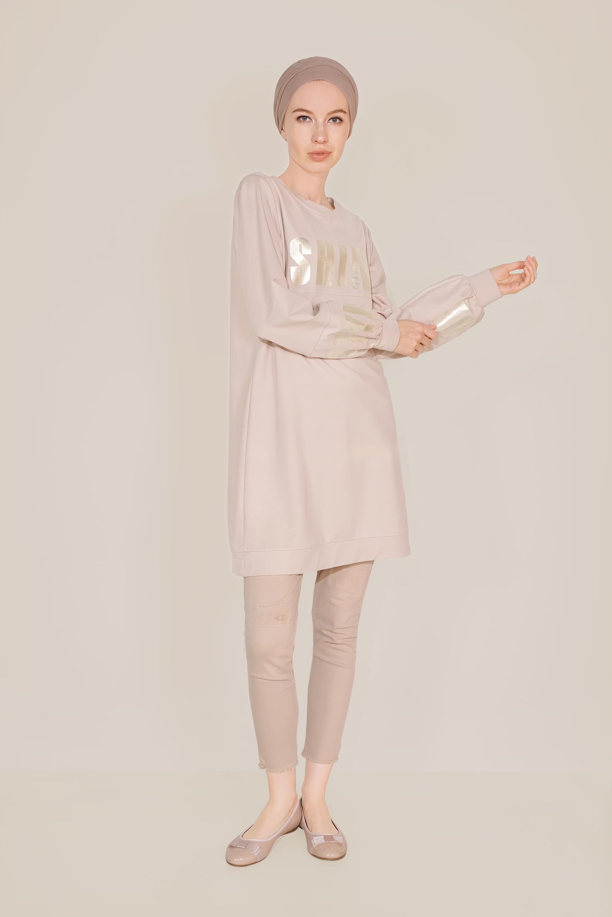 Tesettür giyim PUDRA PAMUKLU MANŞETLERİ LASTİKLİ BASKILI EŞOFMAN TUNİK 40656 