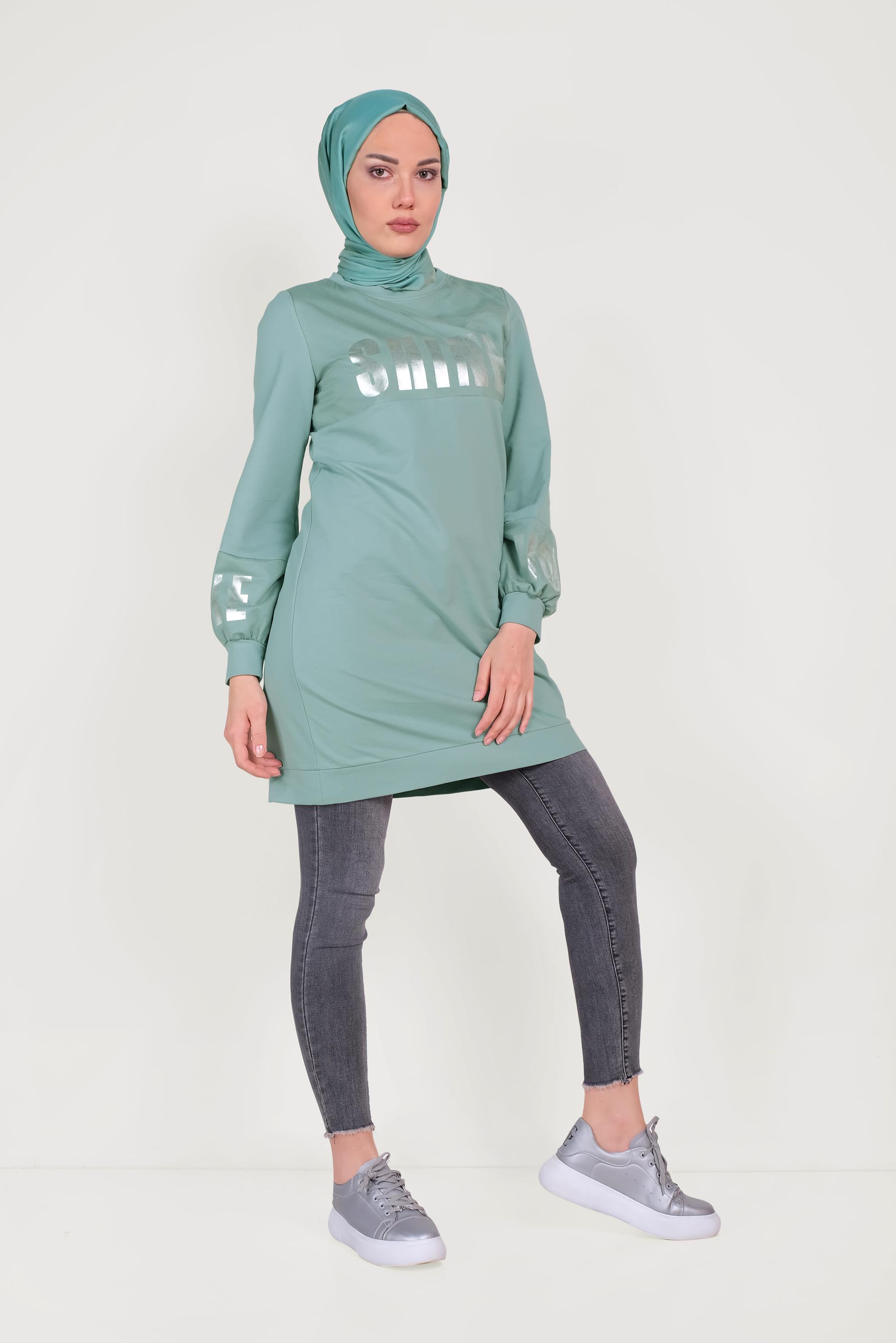 Tesettür giyim YEŞİL PAMUKLU MANŞETLERİ LASTİKLİ BASKILI EŞOFMAN TUNİK 40656 