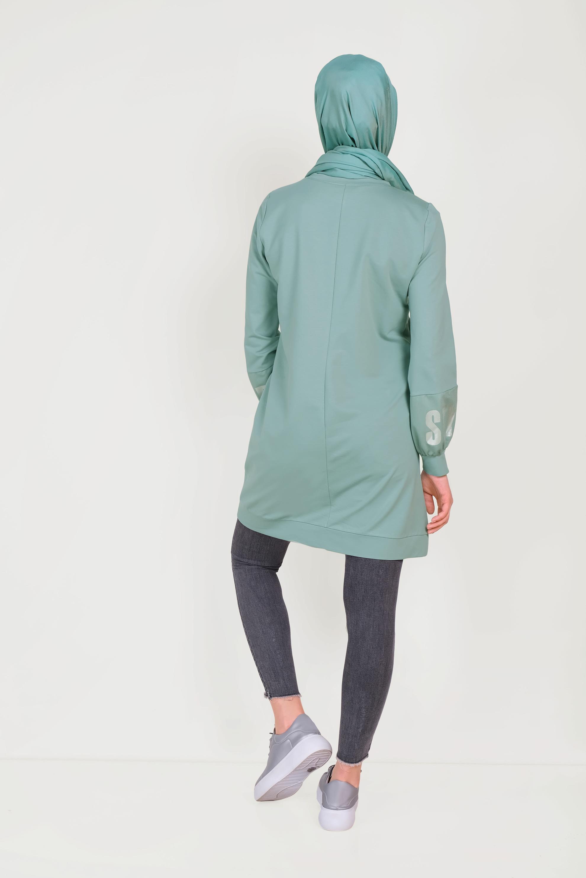 Tesettür giyim YEŞİL PAMUKLU MANŞETLERİ LASTİKLİ BASKILI EŞOFMAN TUNİK 40656 