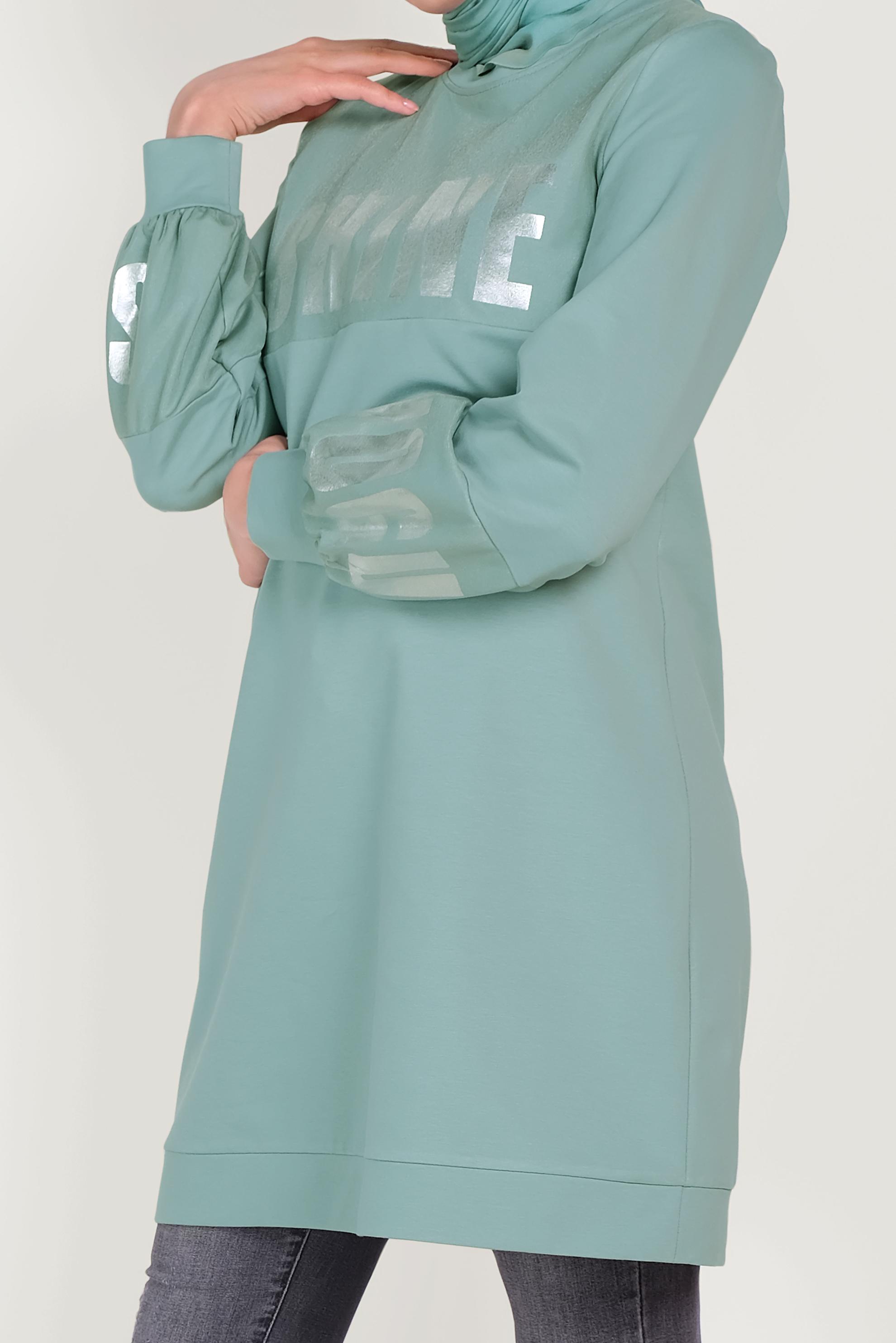 Tesettür giyim YEŞİL PAMUKLU MANŞETLERİ LASTİKLİ BASKILI EŞOFMAN TUNİK 40656 