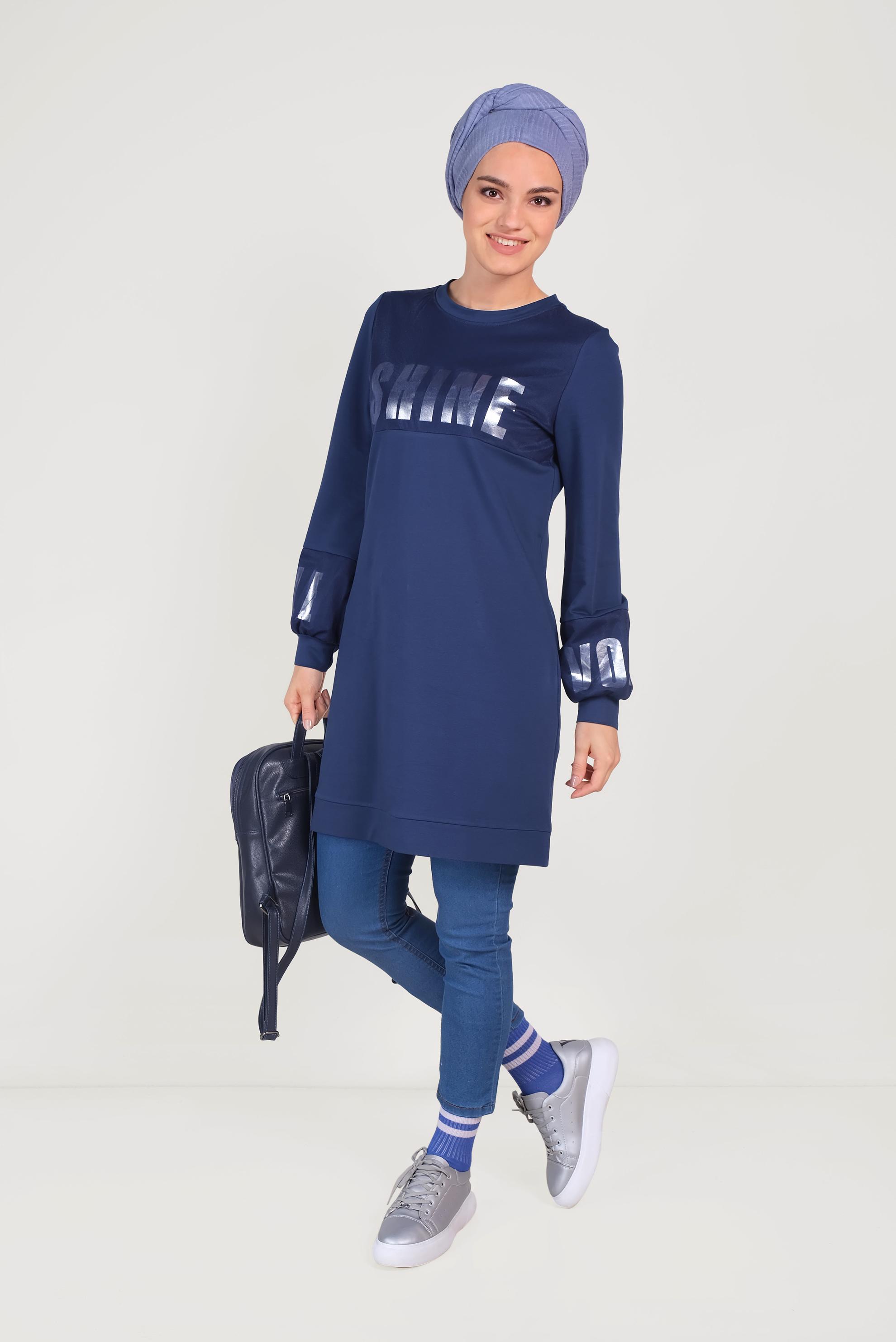 Tesettür giyim LACİVERT PAMUKLU MANŞETLERİ LASTİKLİ BASKILI EŞOFMAN TUNİK 40656 