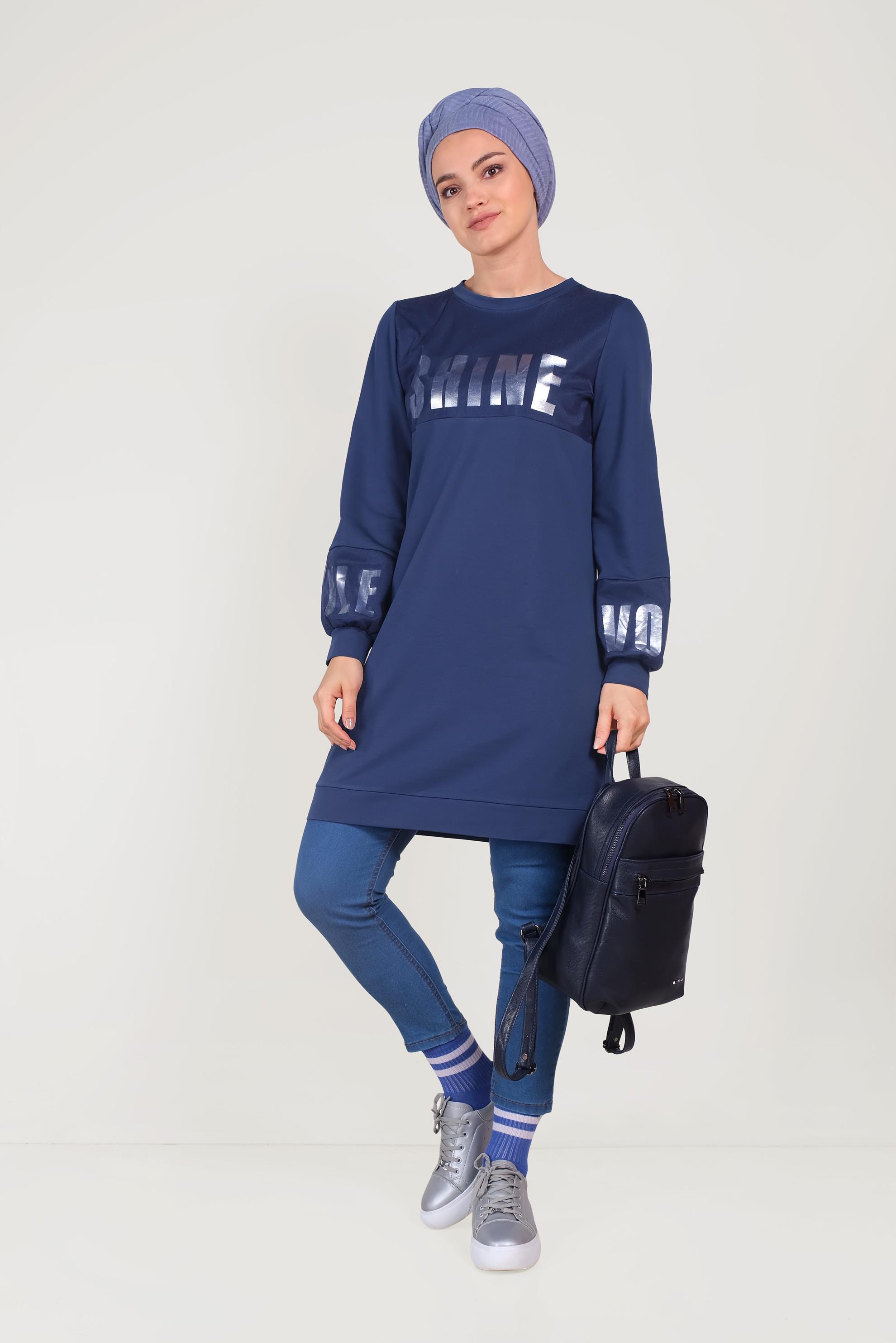 Tesettür giyim LACİVERT PAMUKLU MANŞETLERİ LASTİKLİ BASKILI EŞOFMAN TUNİK 40656 