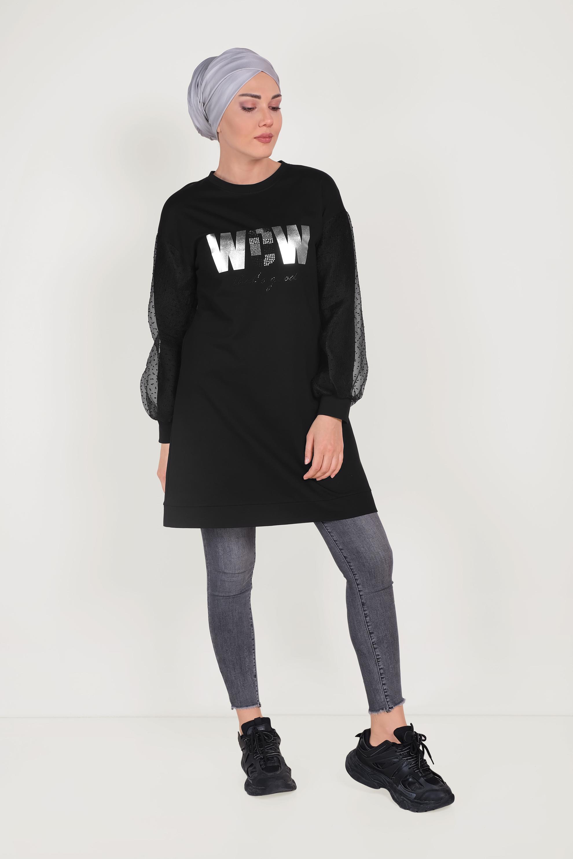 Tesettür giyim SİYAH KOLLARI TÜLLÜ YALDIZ DETAYLI EŞOFMAN TUNİK 40660