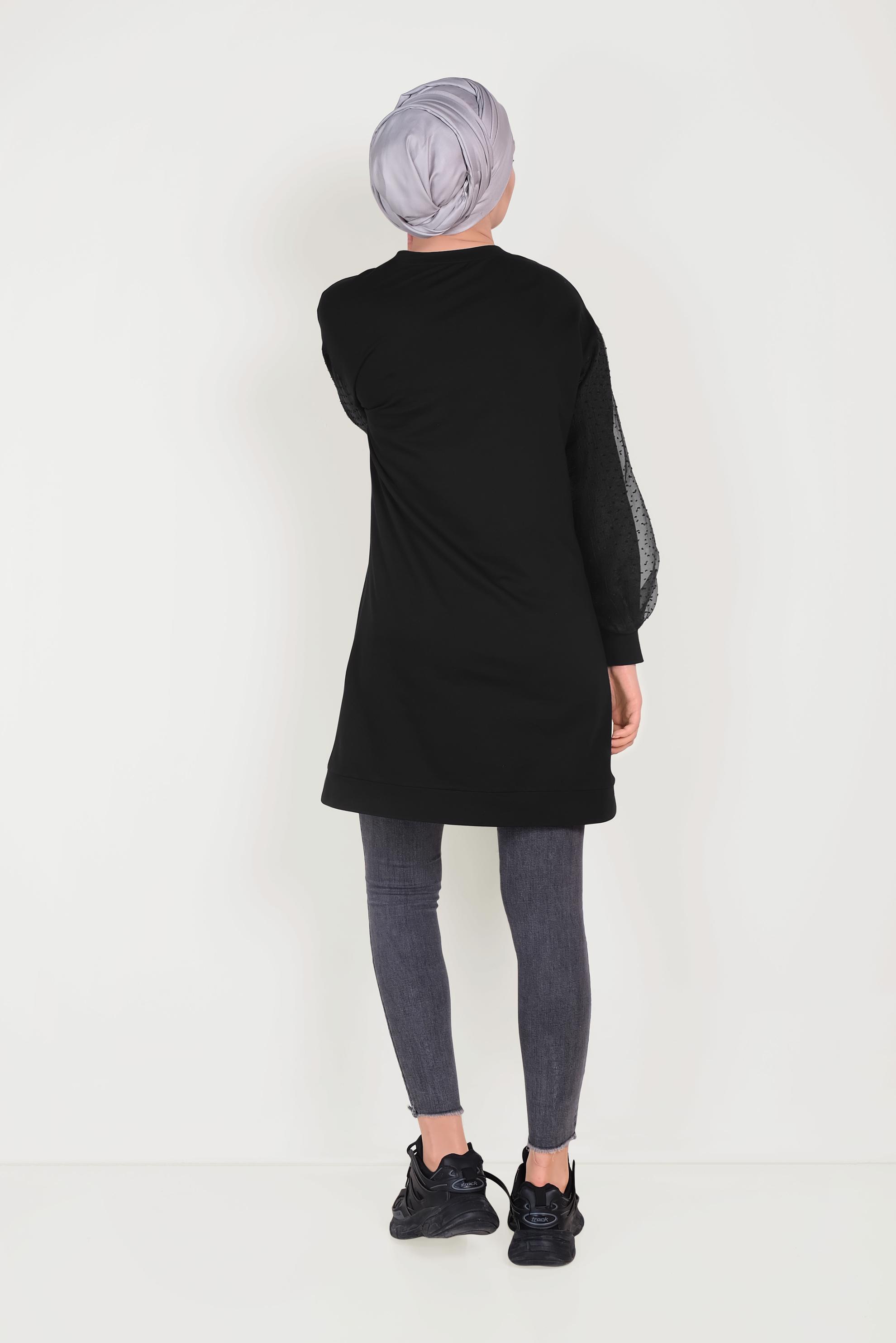 Tesettür giyim SİYAH KOLLARI TÜLLÜ YALDIZ DETAYLI EŞOFMAN TUNİK 40660