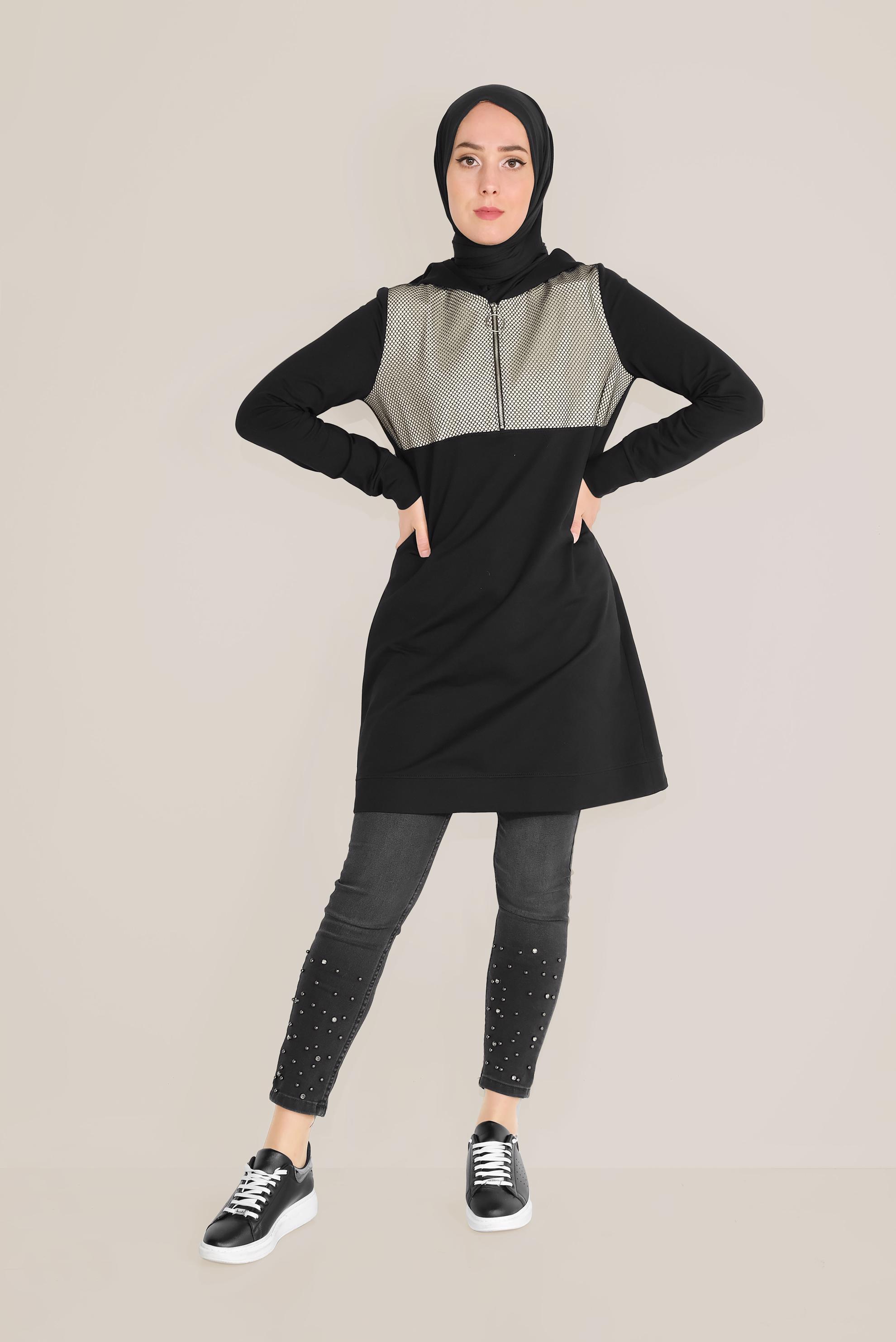 Tesettür giyim SİYAH FİLE DETAYLI PAMUKLU EŞOFMAN TUNİK 40661