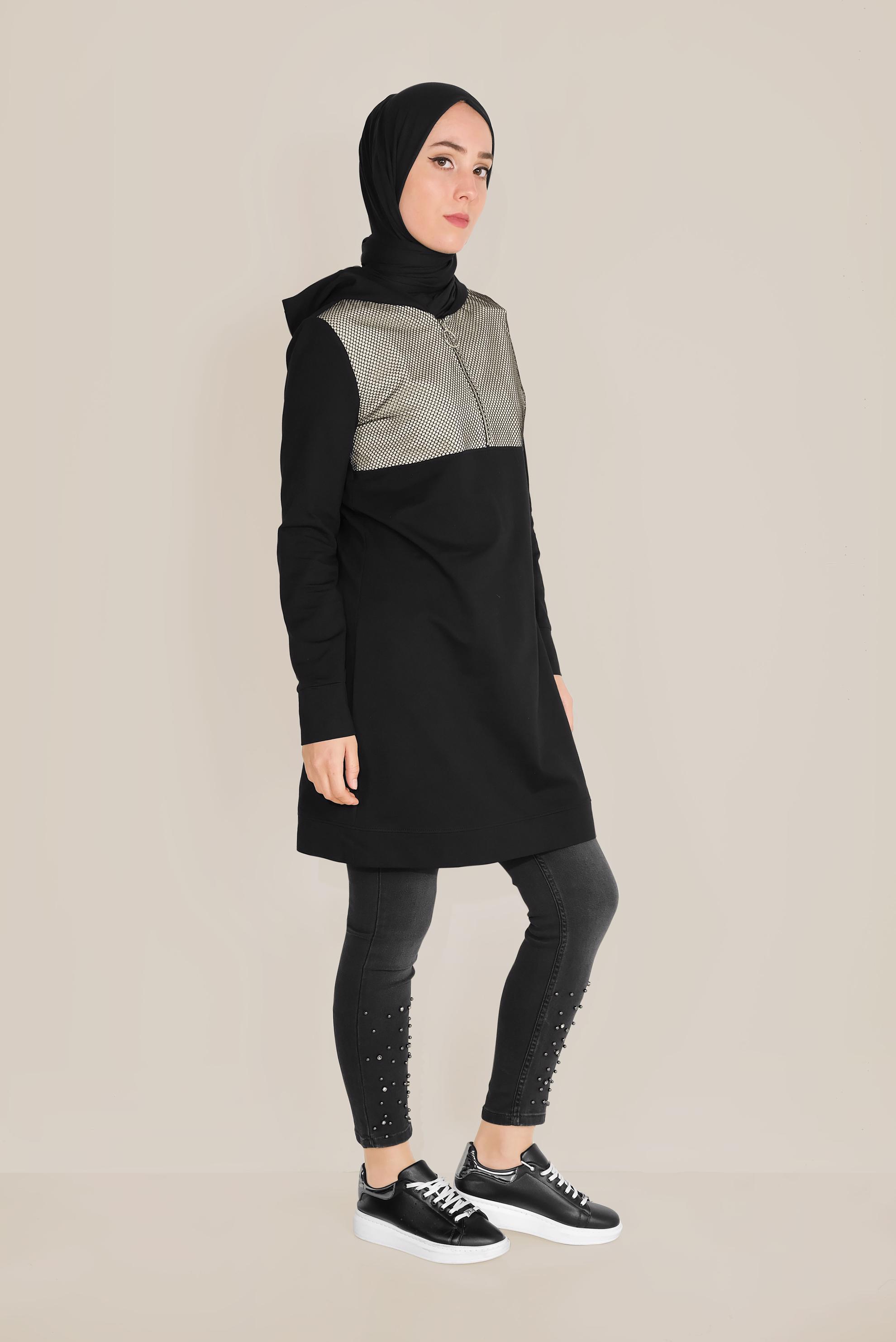 Tesettür giyim SİYAH FİLE DETAYLI PAMUKLU EŞOFMAN TUNİK 40661