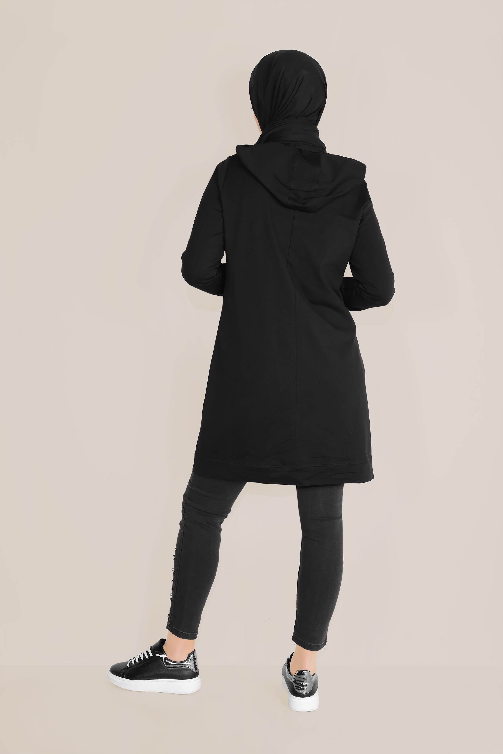 Tesettür giyim SİYAH FİLE DETAYLI PAMUKLU EŞOFMAN TUNİK 40661