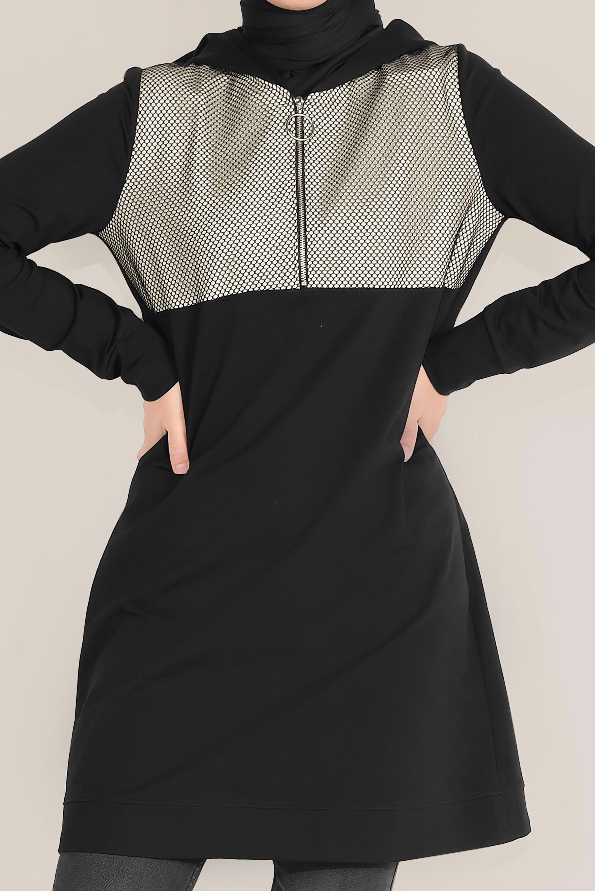 Tesettür giyim SİYAH FİLE DETAYLI PAMUKLU EŞOFMAN TUNİK 40661