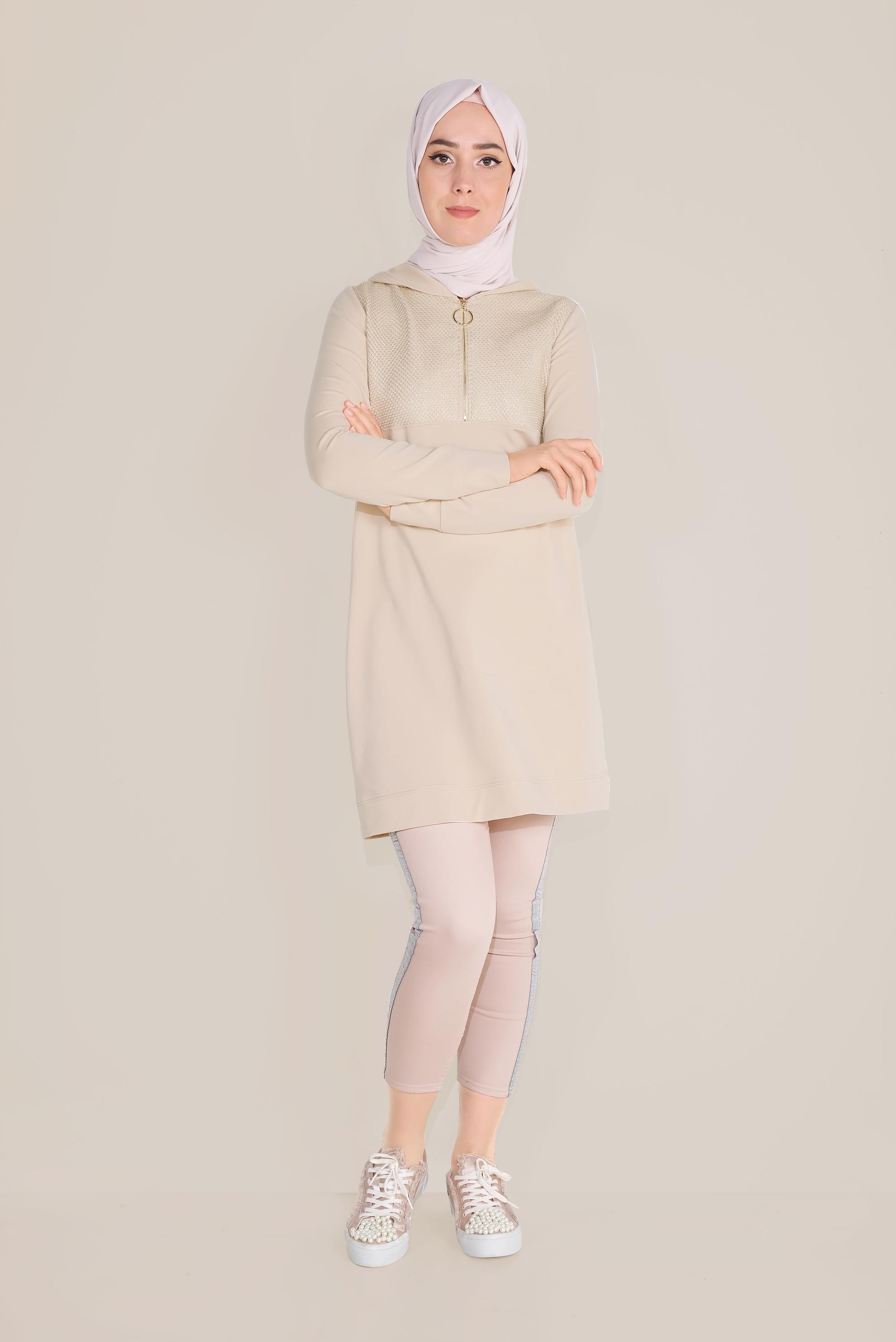 Tesettür giyim BEJ FİLE DETAYLI PAMUKLU EŞOFMAN TUNİK 40661