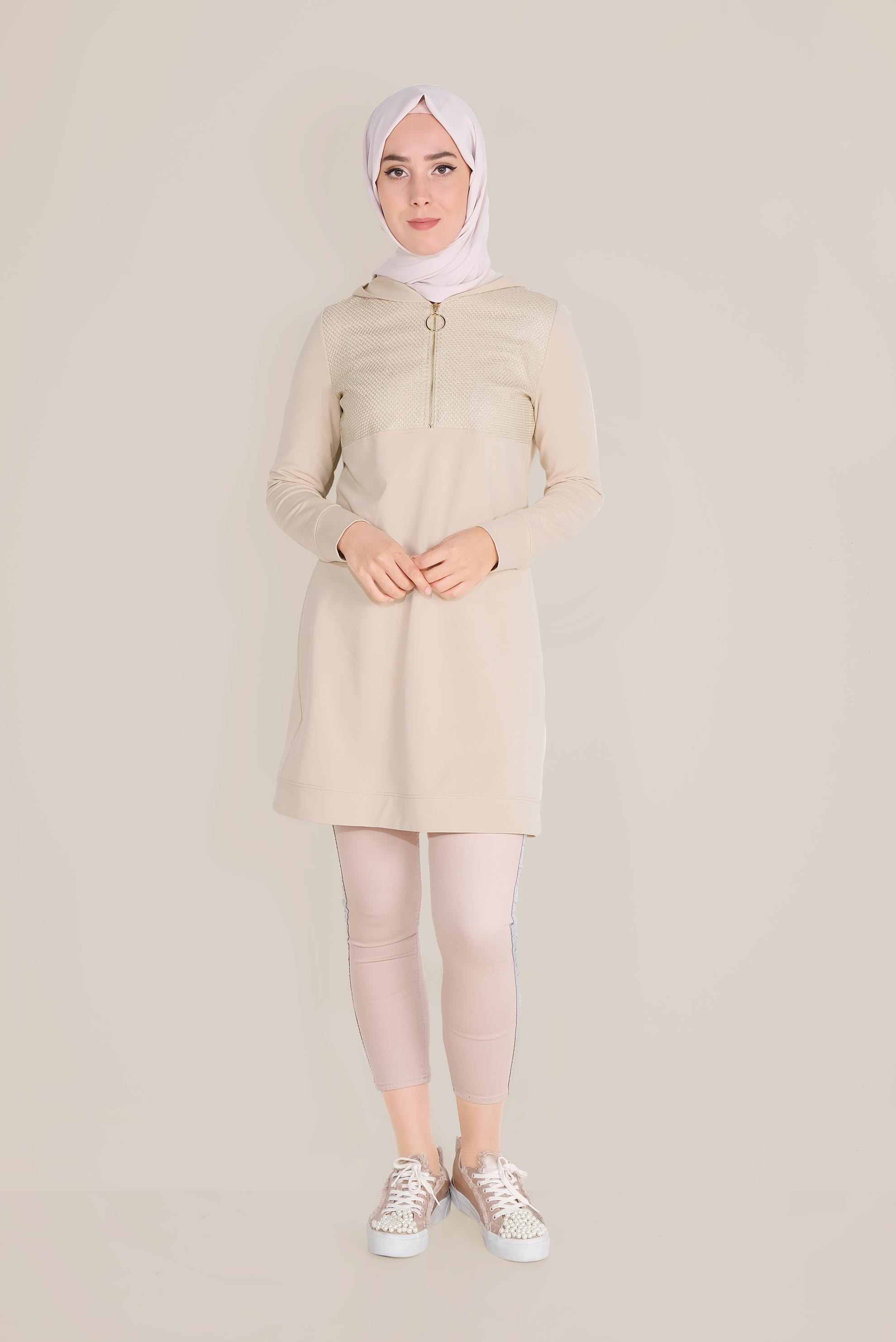 Tesettür giyim BEJ FİLE DETAYLI PAMUKLU EŞOFMAN TUNİK 40661