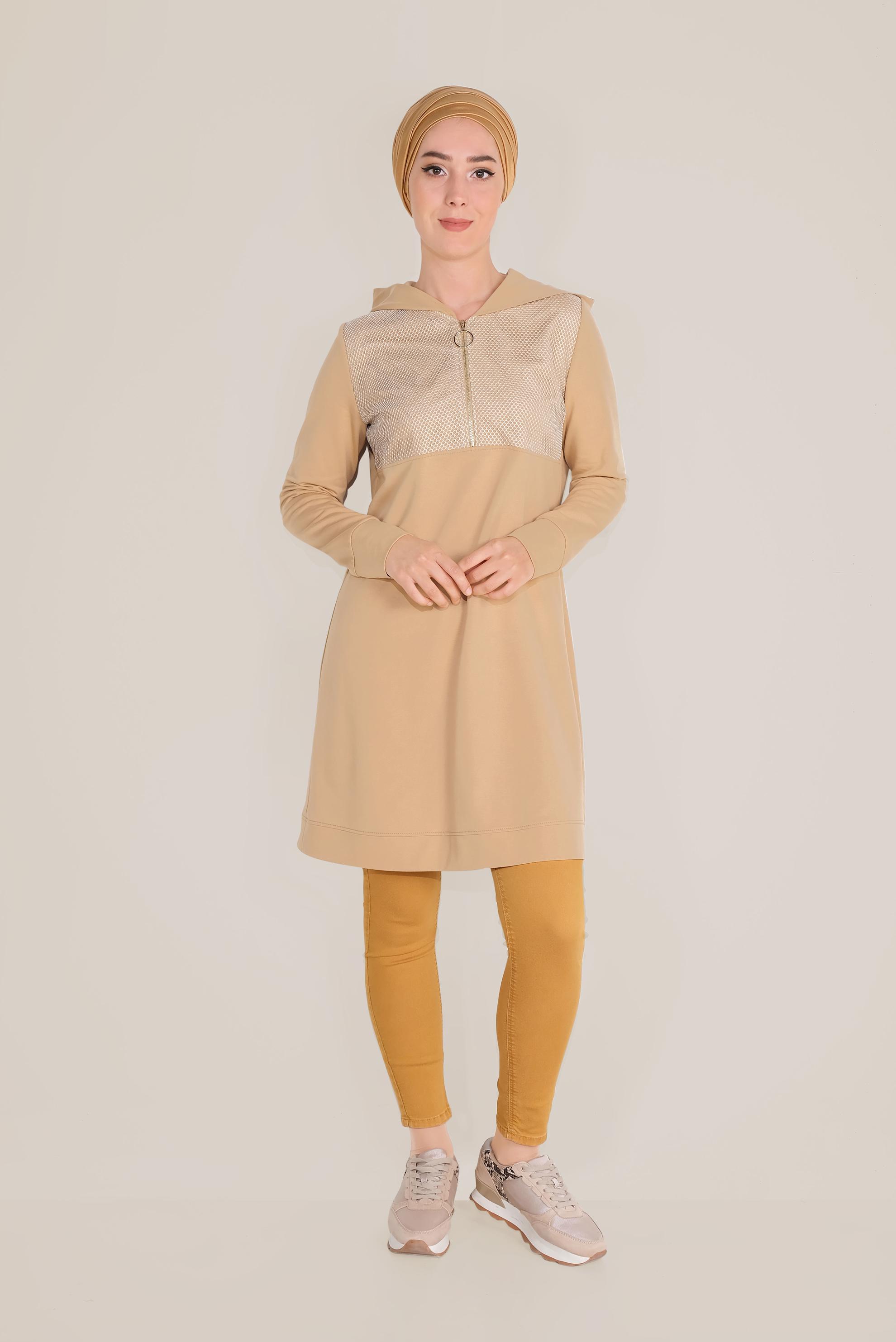 Hijab clothing BROWN FISHNET DETAILED COTTON TRACKSUIT TUNIC 40661