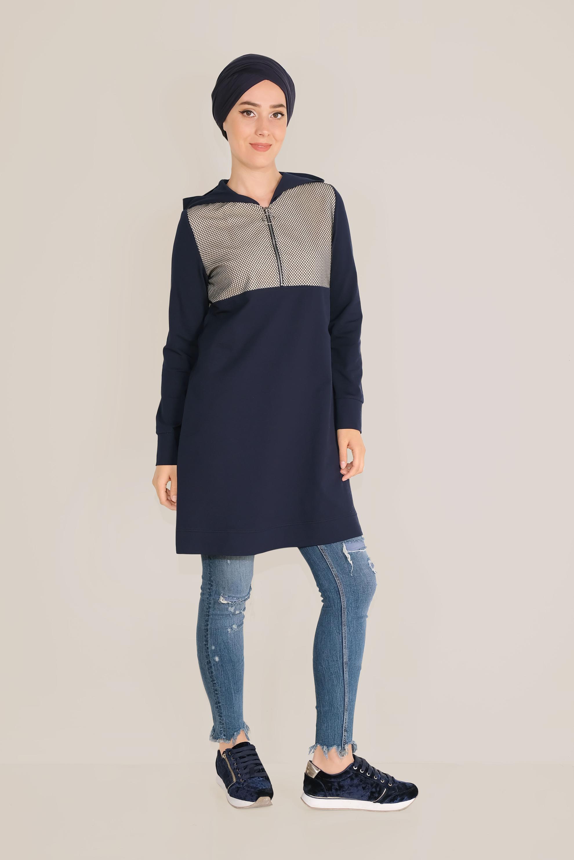 Tesettür giyim LACİVERT FİLE DETAYLI PAMUKLU EŞOFMAN TUNİK 40661