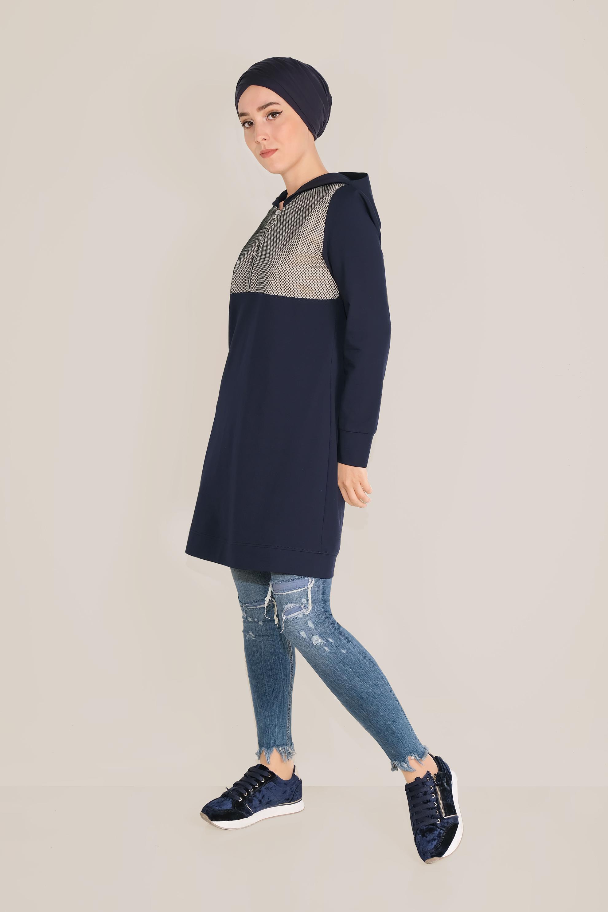 Tesettür giyim LACİVERT FİLE DETAYLI PAMUKLU EŞOFMAN TUNİK 40661
