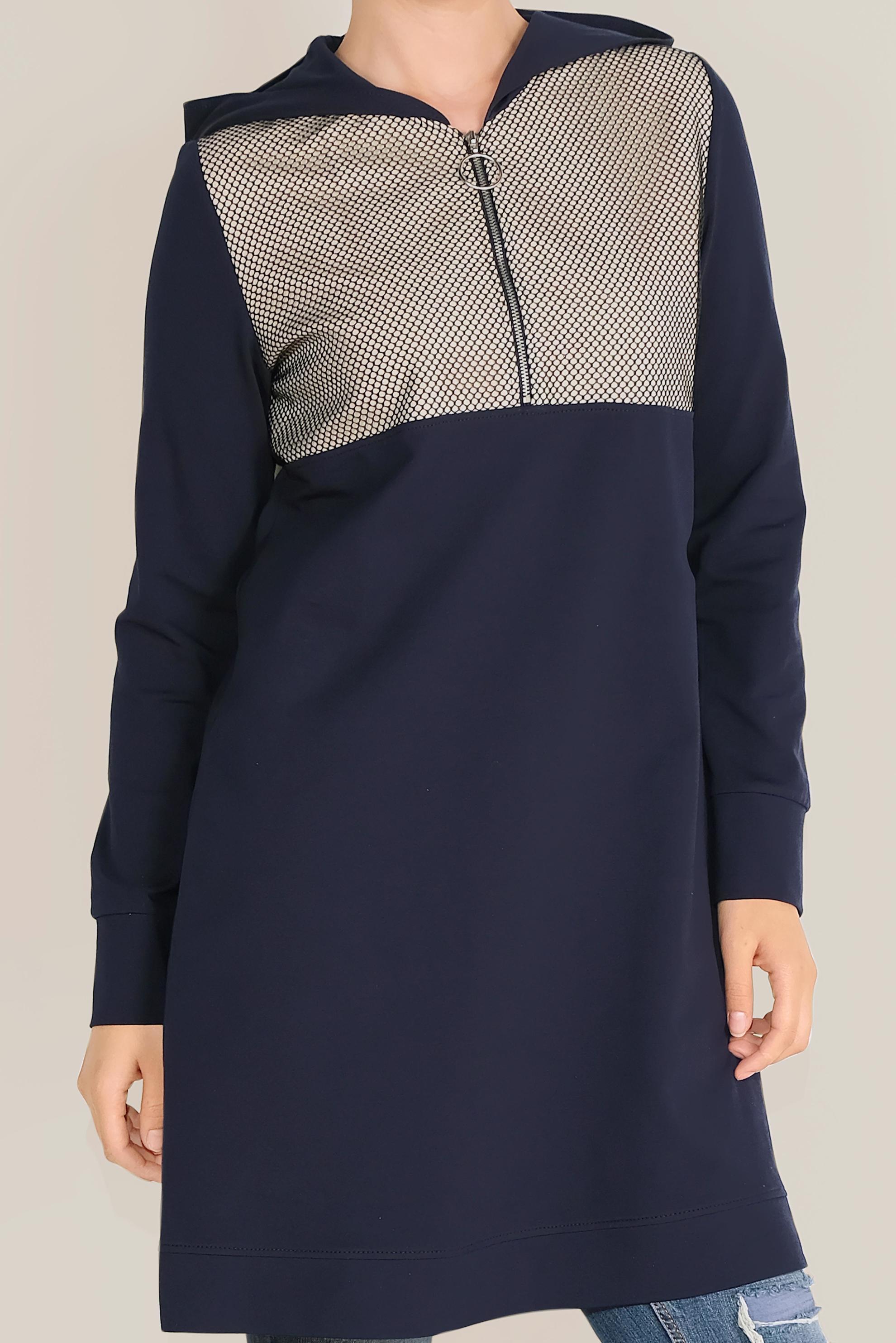 Tesettür giyim LACİVERT FİLE DETAYLI PAMUKLU EŞOFMAN TUNİK 40661