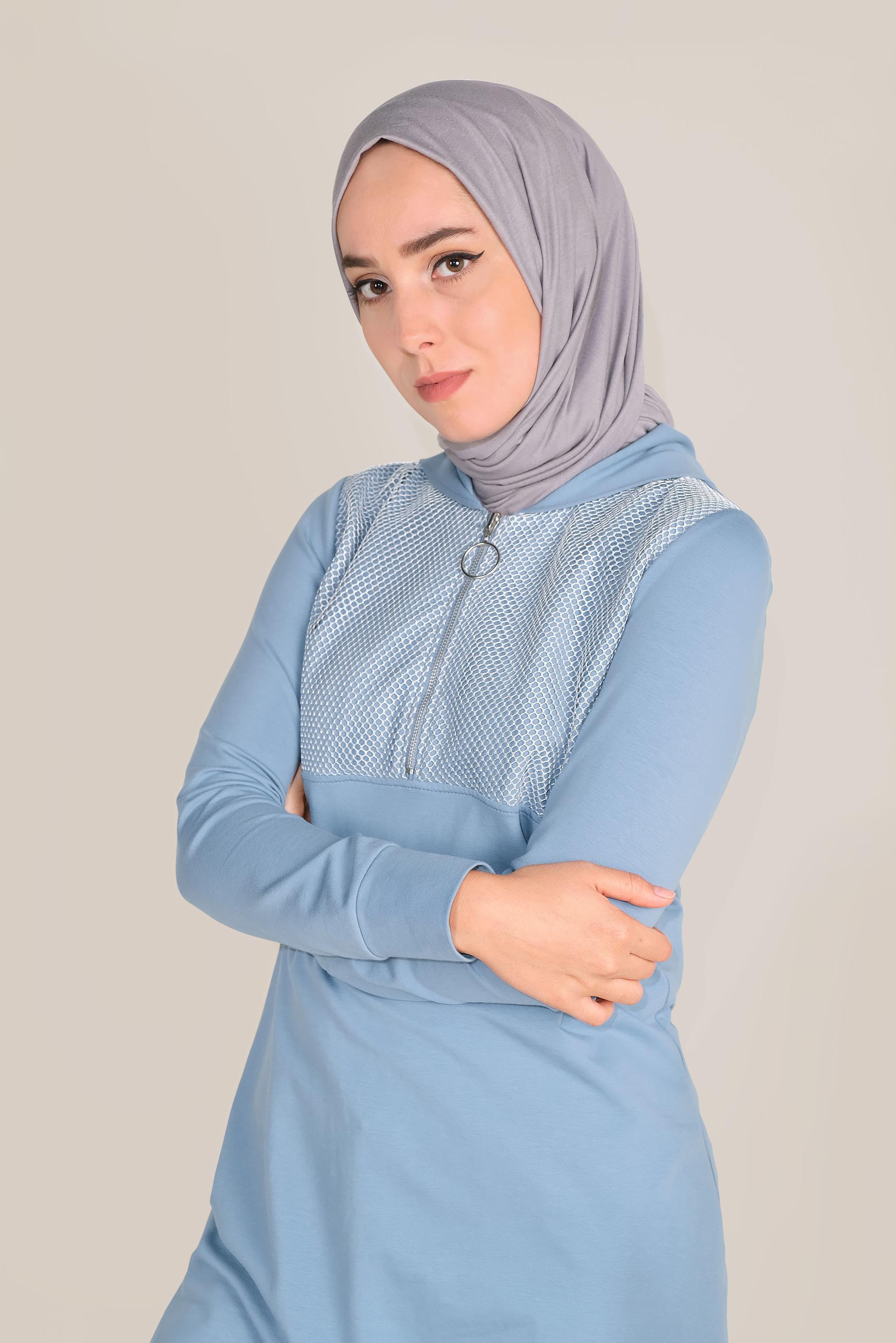 Tesettür giyim MAVİ FİLE DETAYLI PAMUKLU EŞOFMAN TUNİK 40661