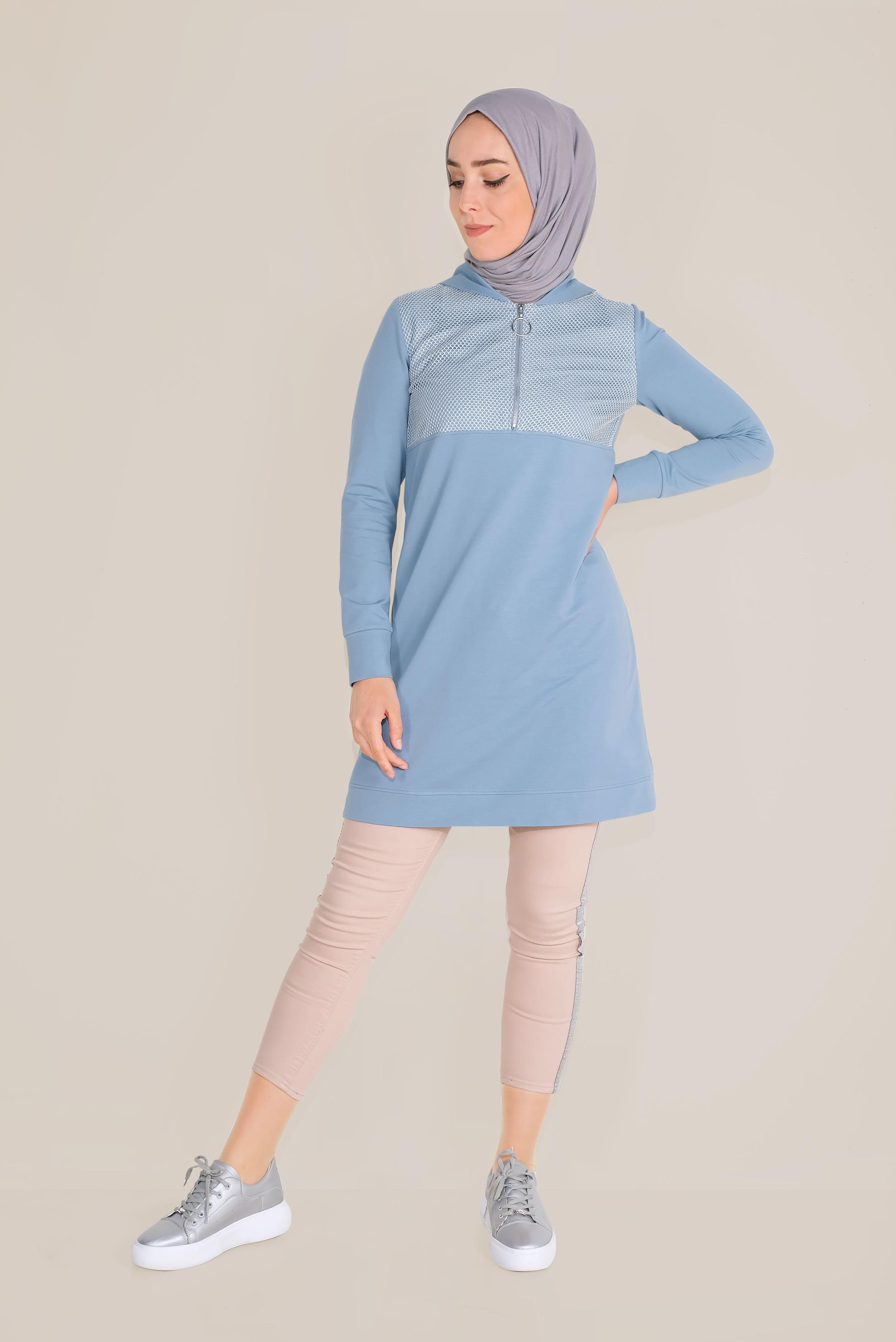 Tesettür giyim MAVİ FİLE DETAYLI PAMUKLU EŞOFMAN TUNİK 40661