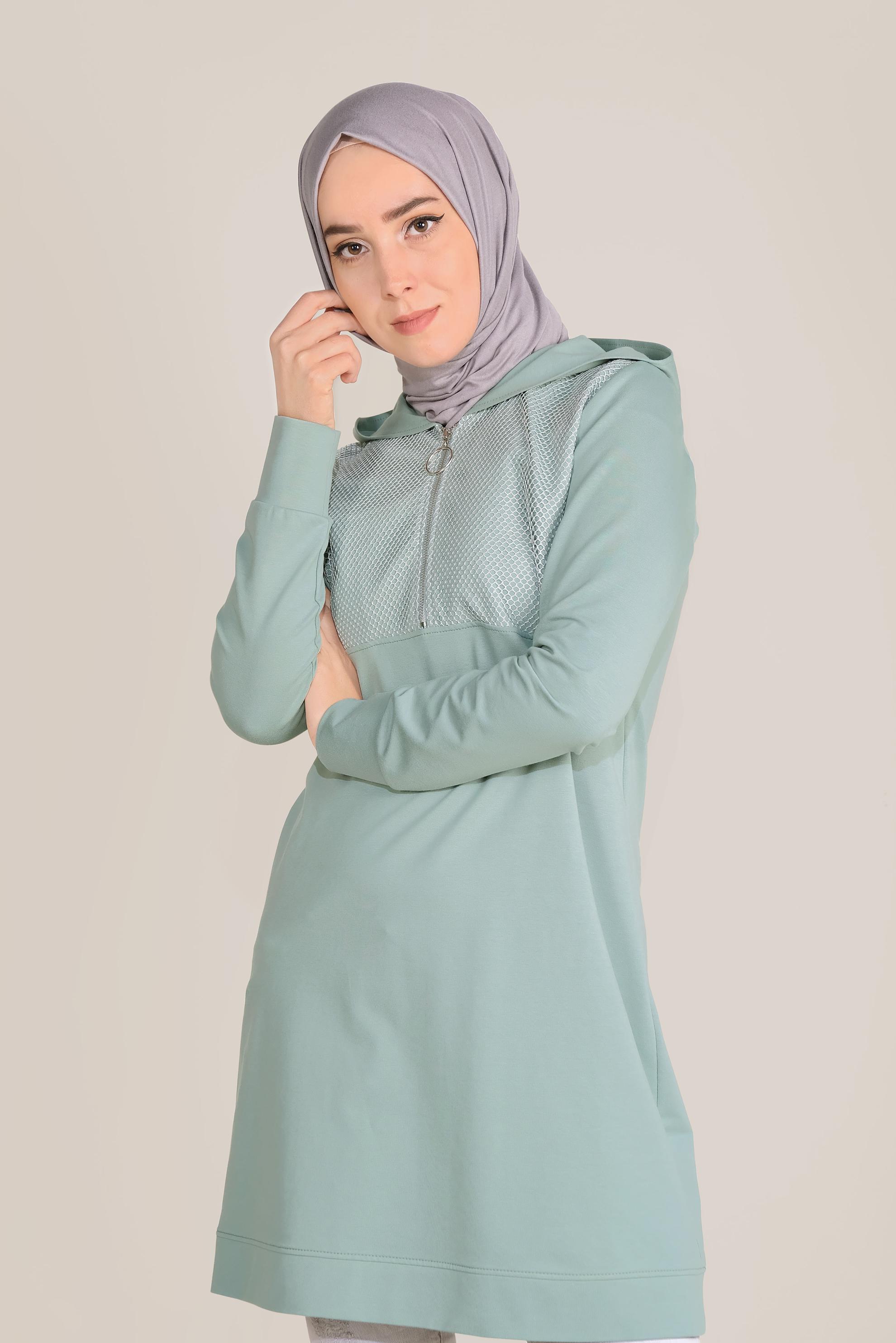 Tesettür giyim YEŞİL FİLE DETAYLI PAMUKLU EŞOFMAN TUNİK 40661