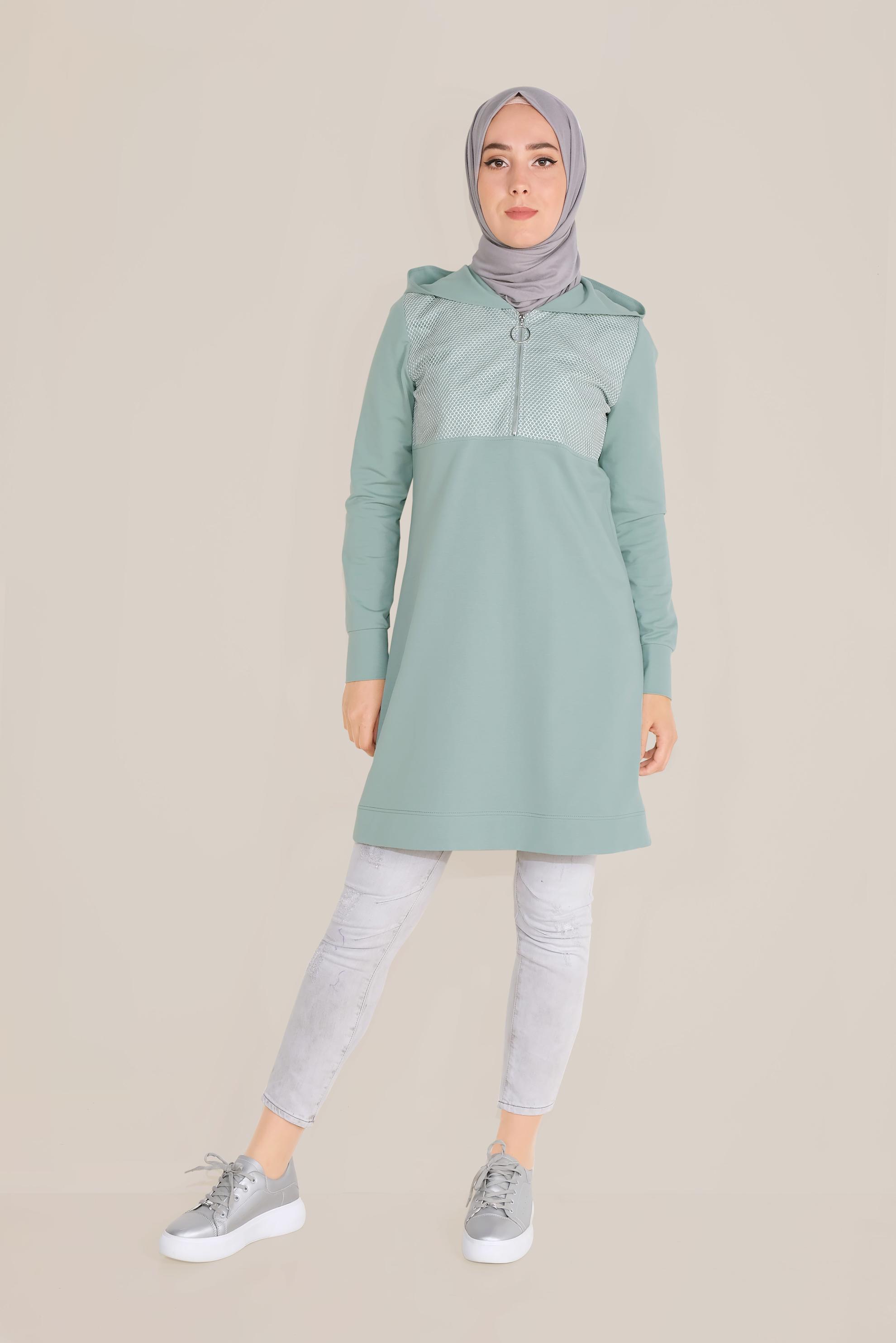 Tesettür giyim YEŞİL FİLE DETAYLI PAMUKLU EŞOFMAN TUNİK 40661