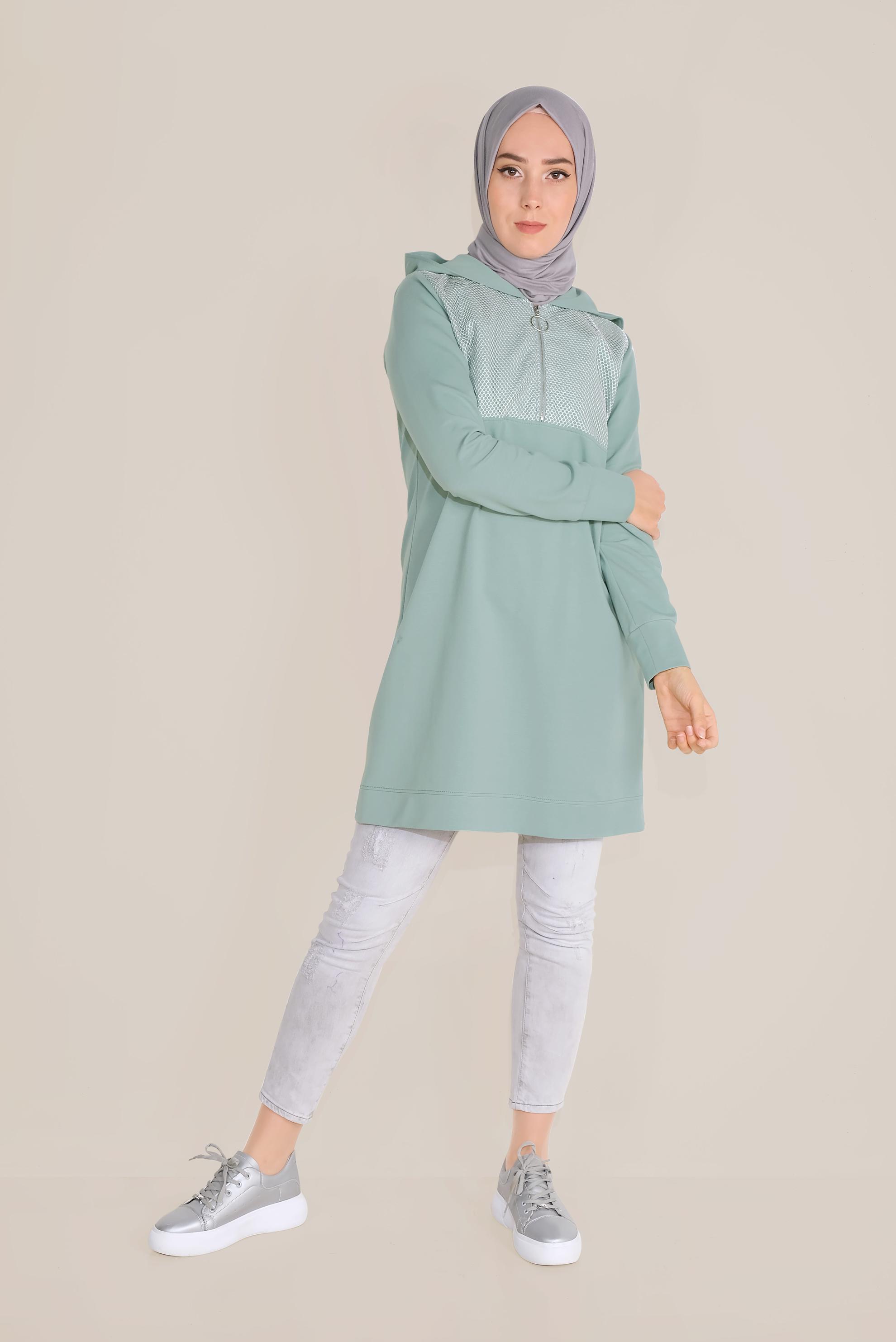 Tesettür giyim YEŞİL FİLE DETAYLI PAMUKLU EŞOFMAN TUNİK 40661