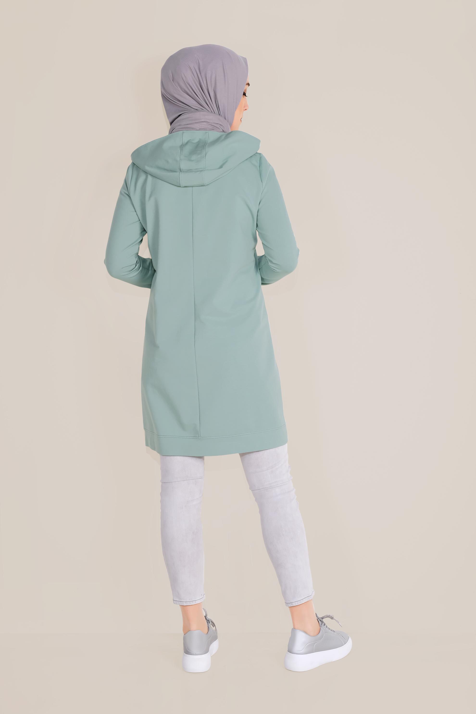 Tesettür giyim YEŞİL FİLE DETAYLI PAMUKLU EŞOFMAN TUNİK 40661