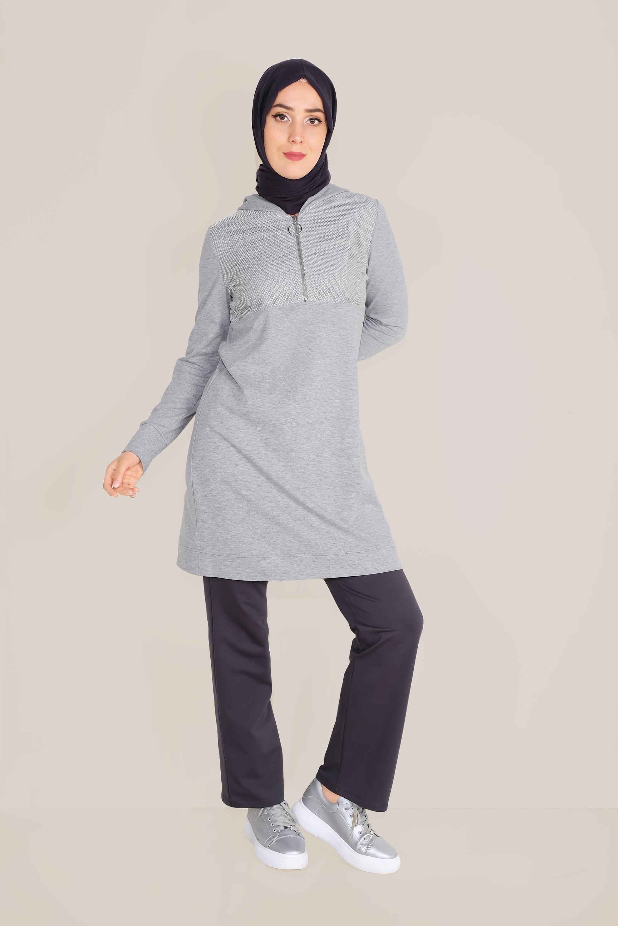 Tesettür giyim GRİ FİLE DETAYLI PAMUKLU EŞOFMAN TUNİK 40661