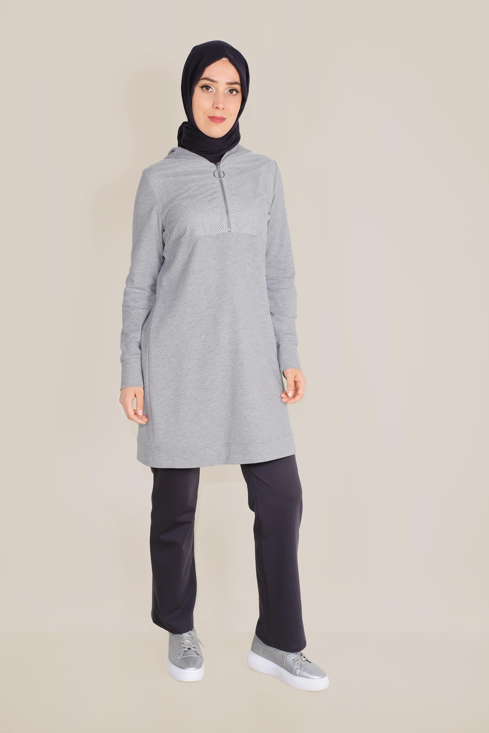 Tesettür giyim GRİ FİLE DETAYLI PAMUKLU EŞOFMAN TUNİK 40661