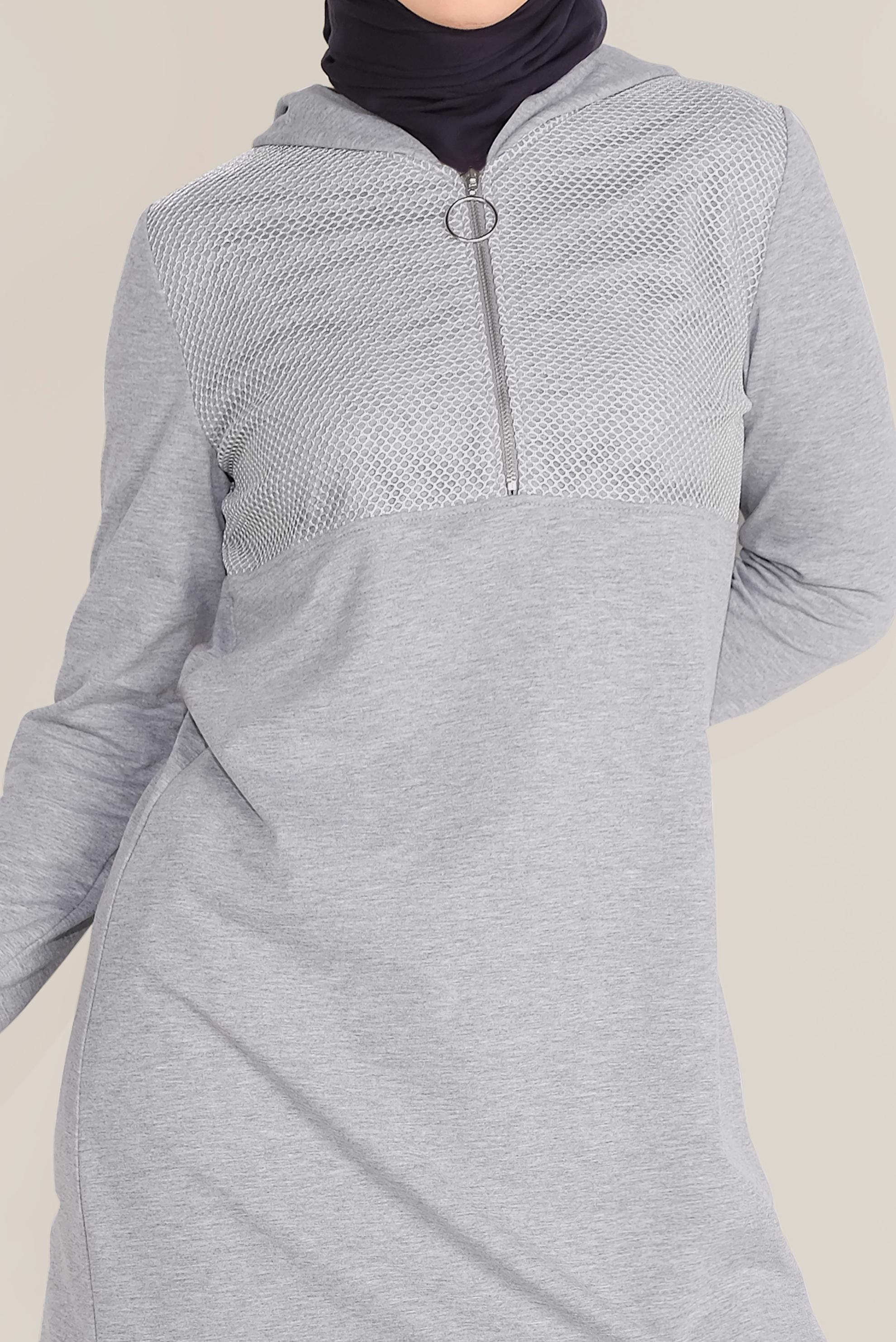 Tesettür giyim GRİ FİLE DETAYLI PAMUKLU EŞOFMAN TUNİK 40661