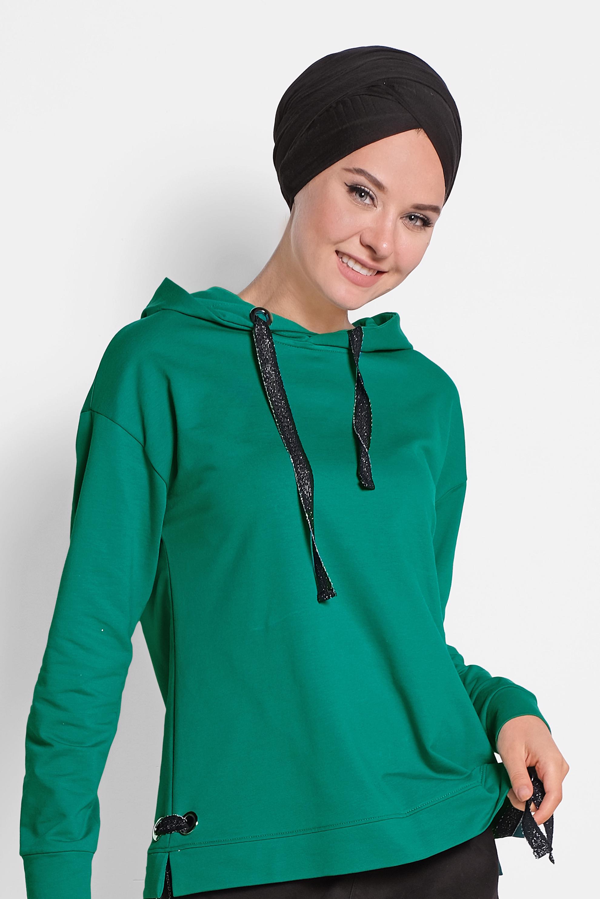 Tesettür giyim YEŞİL BAĞCIK DETAYLI EŞOFMAN TUNİK 4067