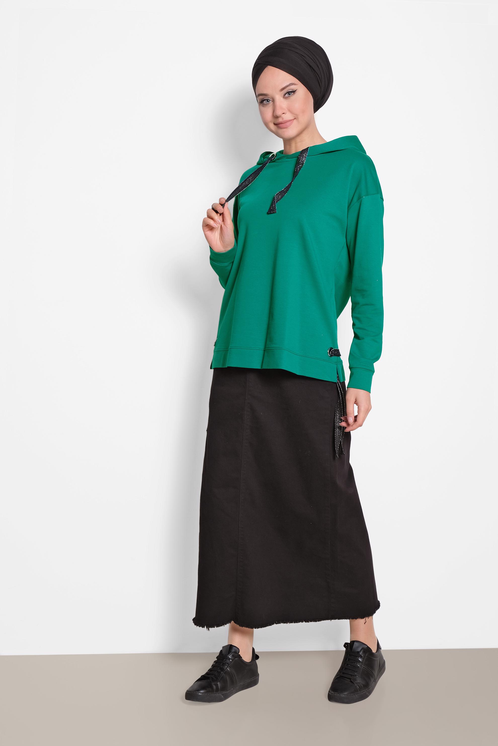 Tesettür giyim YEŞİL BAĞCIK DETAYLI EŞOFMAN TUNİK 4067