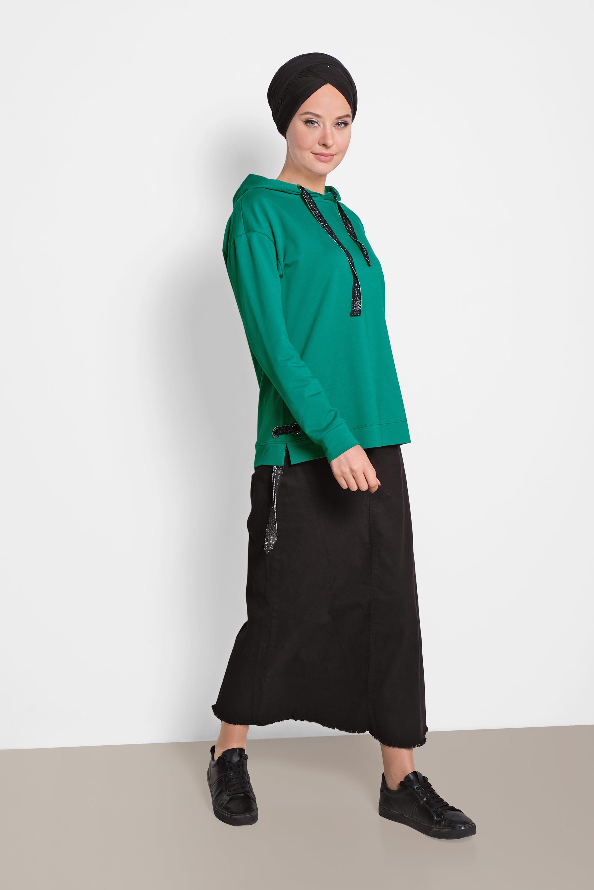 Tesettür giyim YEŞİL BAĞCIK DETAYLI EŞOFMAN TUNİK 4067