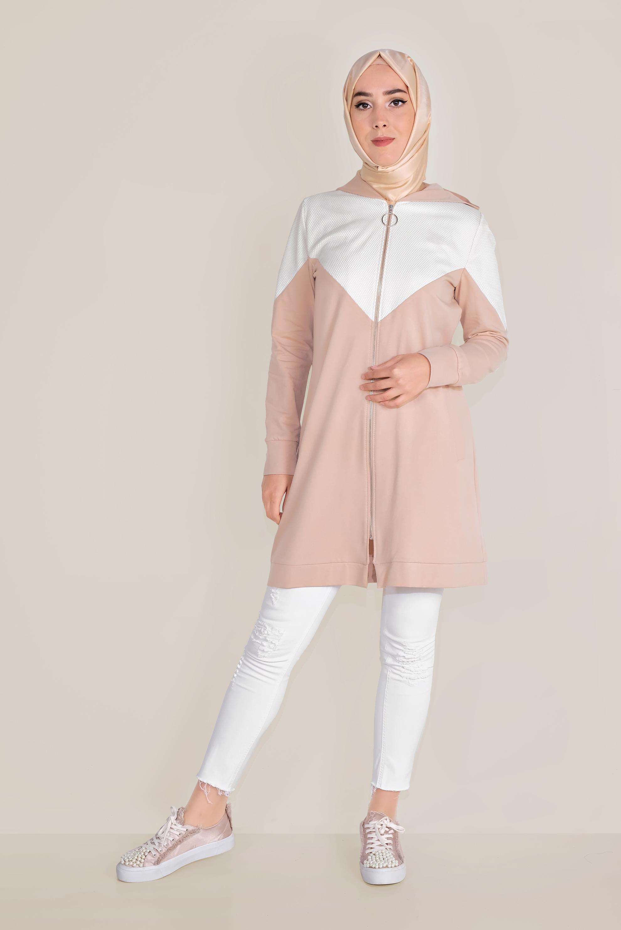 Tesettür giyim PUDRA PAMUKLU FİLE DETAYLI FERMUARLI EŞOFMAN TUNİK 40679 