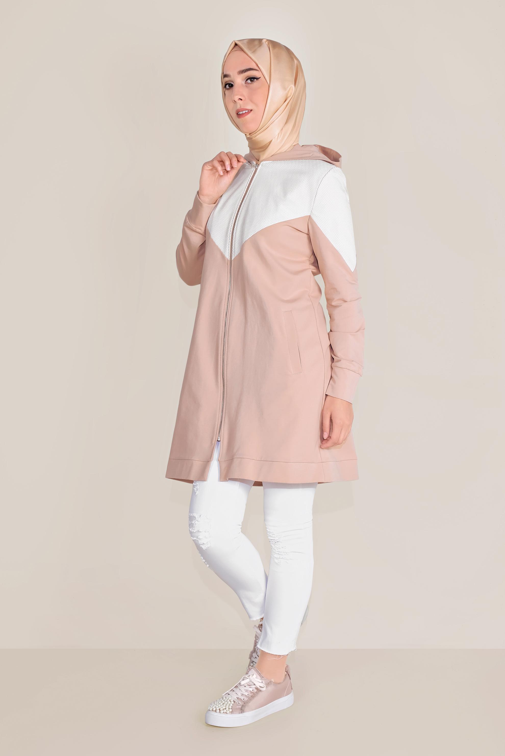 Tesettür giyim PUDRA PAMUKLU FİLE DETAYLI FERMUARLI EŞOFMAN TUNİK 40679 