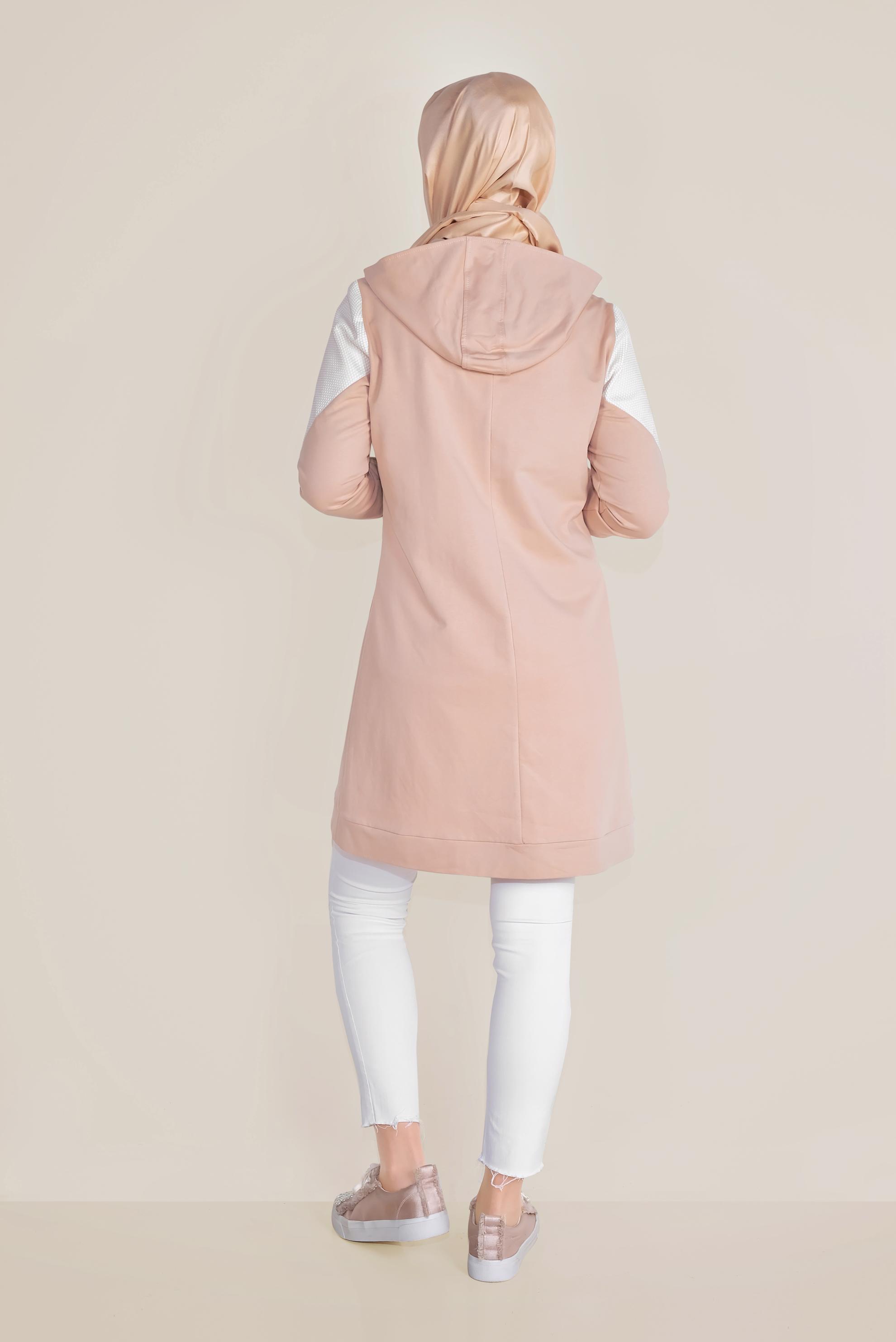 Tesettür giyim PUDRA PAMUKLU FİLE DETAYLI FERMUARLI EŞOFMAN TUNİK 40679 