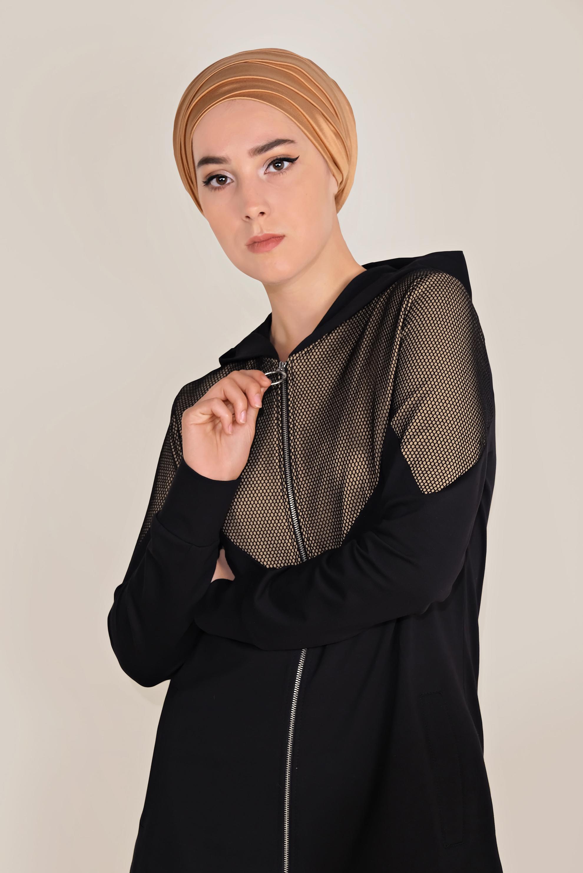 Tesettür giyim BEJ PAMUKLU FİLE DETAYLI FERMUARLI EŞOFMAN TUNİK 40679 