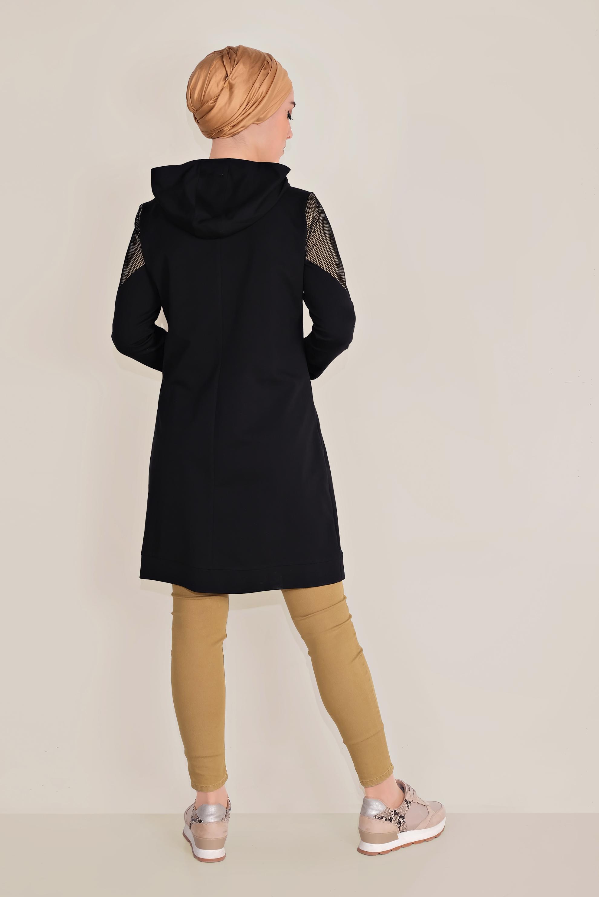 Tesettür giyim BEJ PAMUKLU FİLE DETAYLI FERMUARLI EŞOFMAN TUNİK 40679 