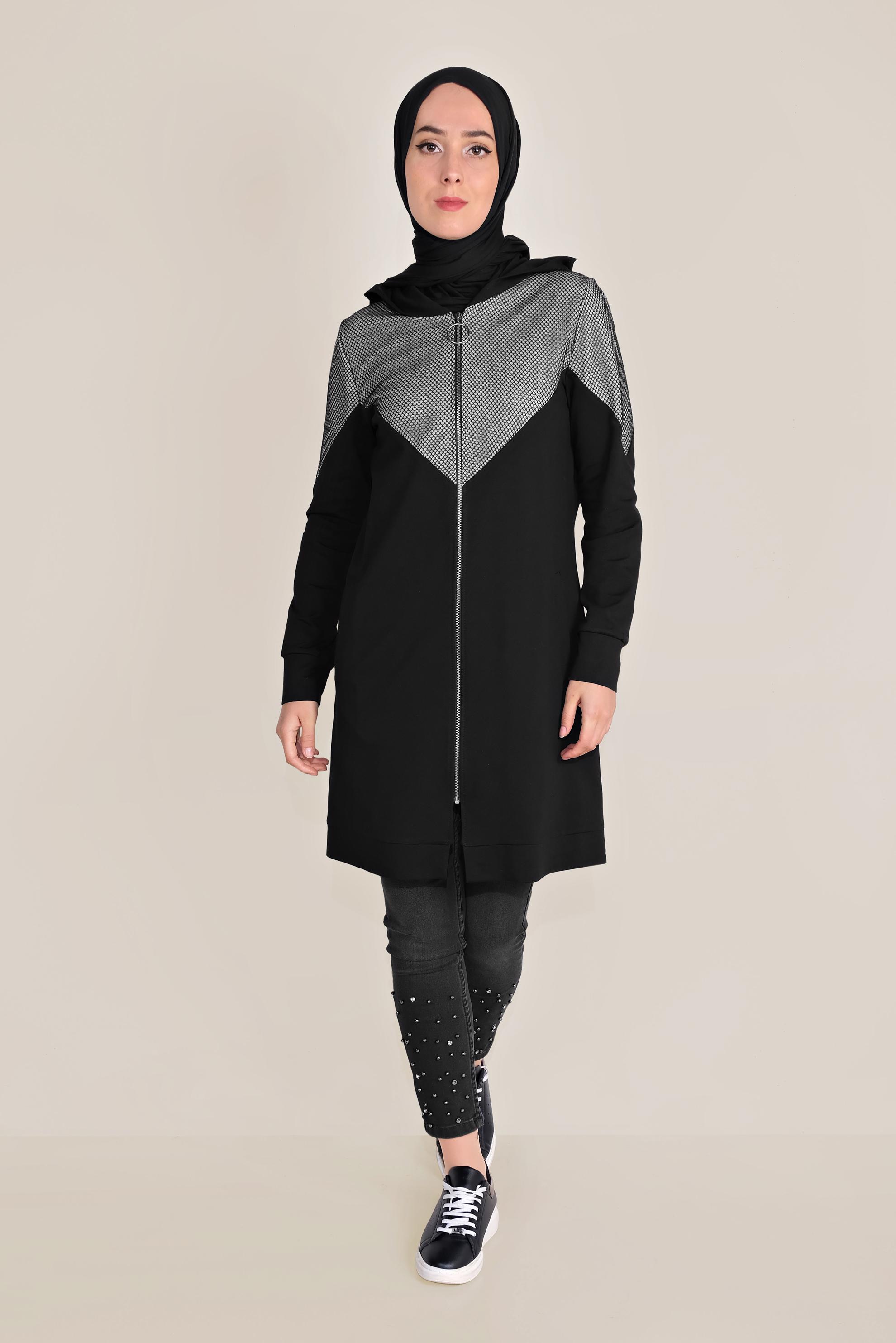 Tesettür giyim SİYAH PAMUKLU FİLE DETAYLI FERMUARLI EŞOFMAN TUNİK 40679 