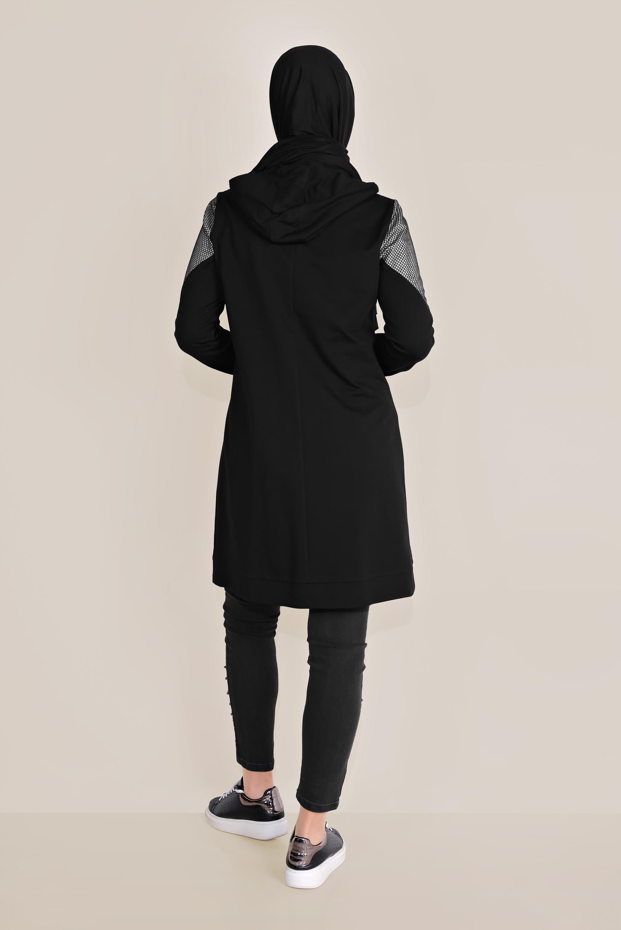 Tesettür giyim SİYAH PAMUKLU FİLE DETAYLI FERMUARLI EŞOFMAN TUNİK 40679 