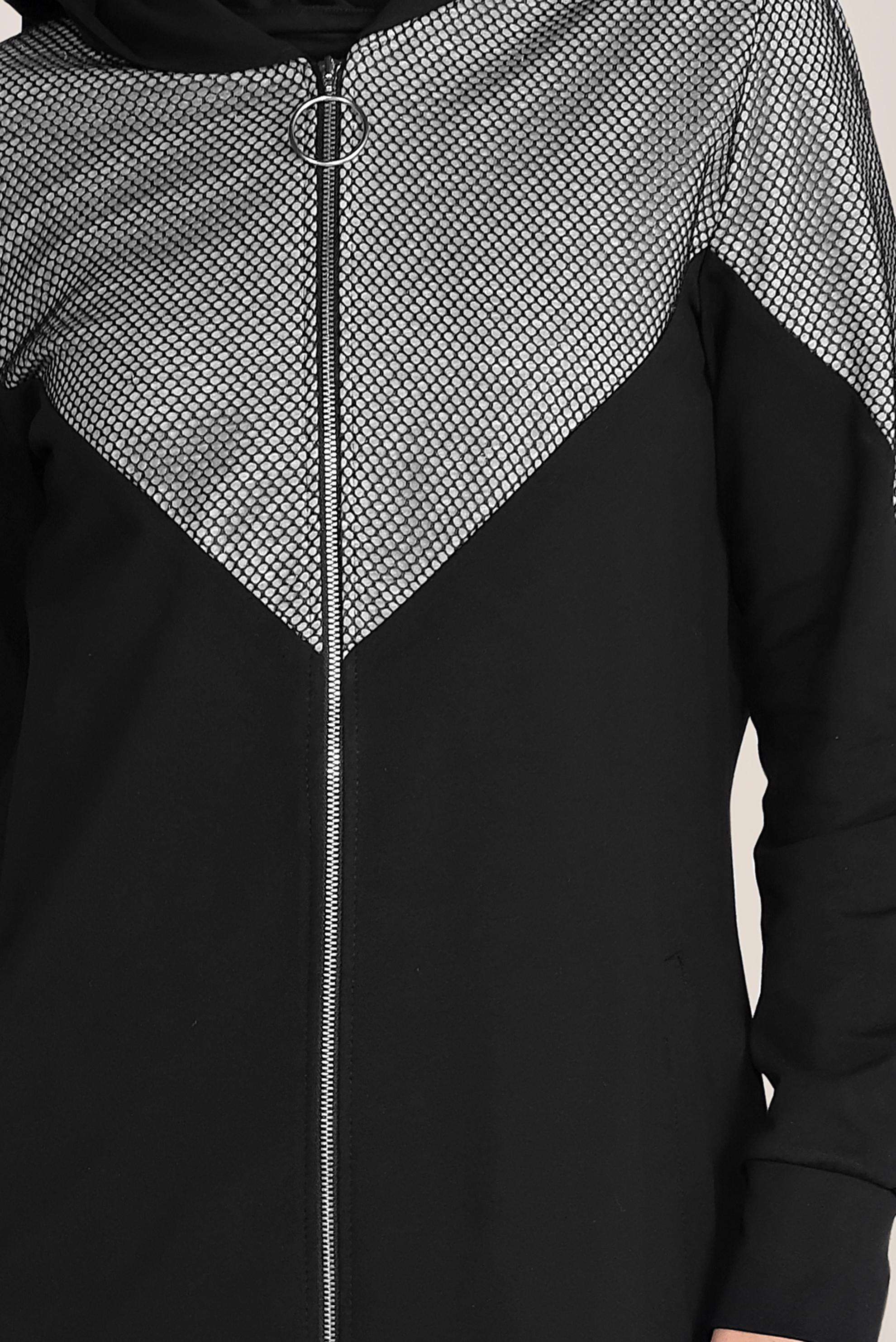 Tesettür giyim SİYAH PAMUKLU FİLE DETAYLI FERMUARLI EŞOFMAN TUNİK 40679 