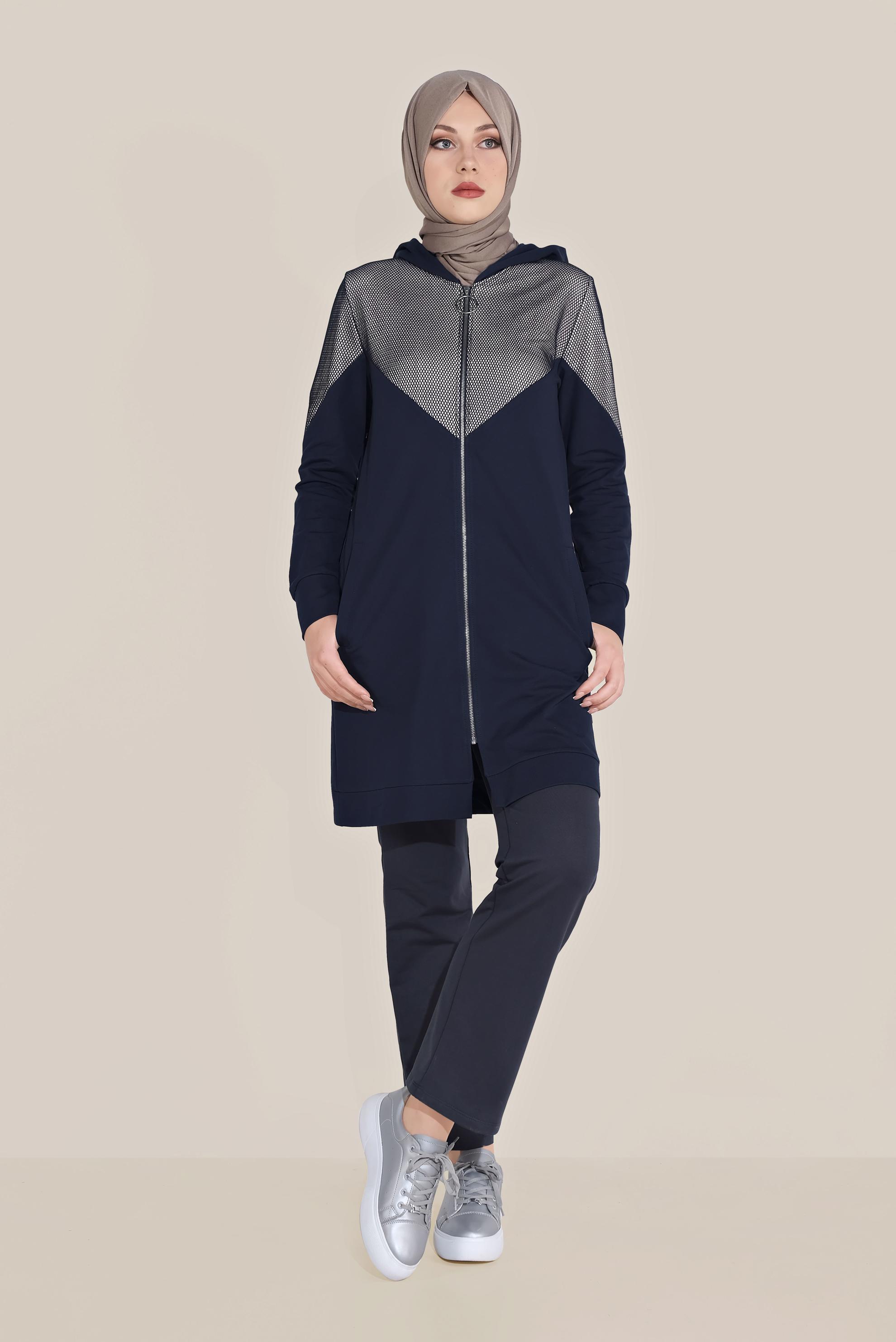 Tesettür giyim LACİVERT PAMUKLU FİLE DETAYLI FERMUARLI EŞOFMAN TUNİK 40679 