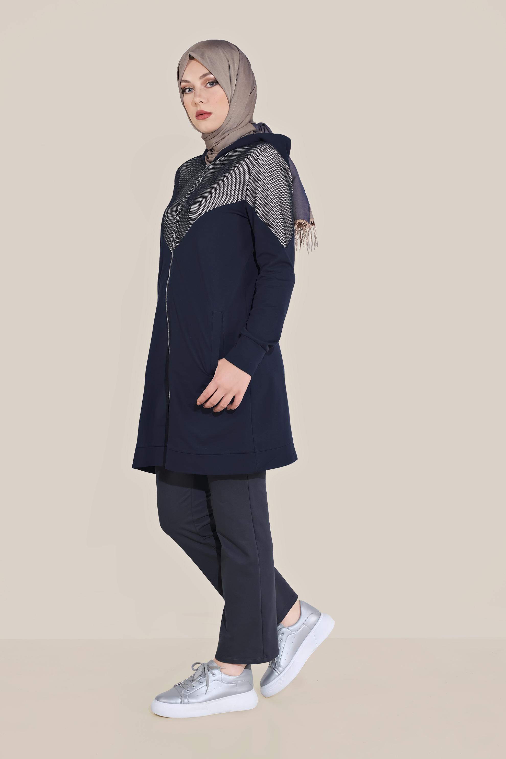 Tesettür giyim LACİVERT PAMUKLU FİLE DETAYLI FERMUARLI EŞOFMAN TUNİK 40679 