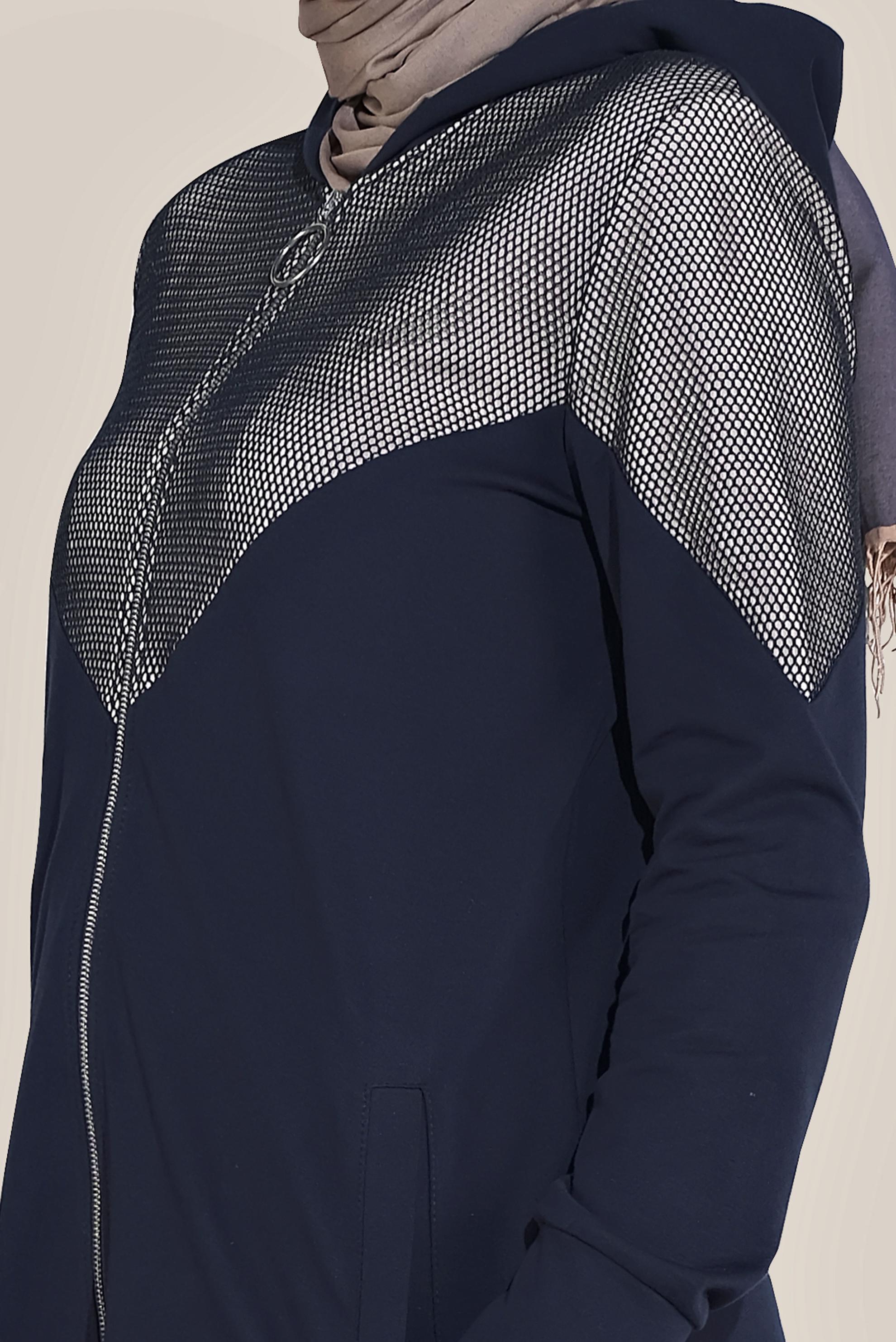 Tesettür giyim LACİVERT PAMUKLU FİLE DETAYLI FERMUARLI EŞOFMAN TUNİK 40679 